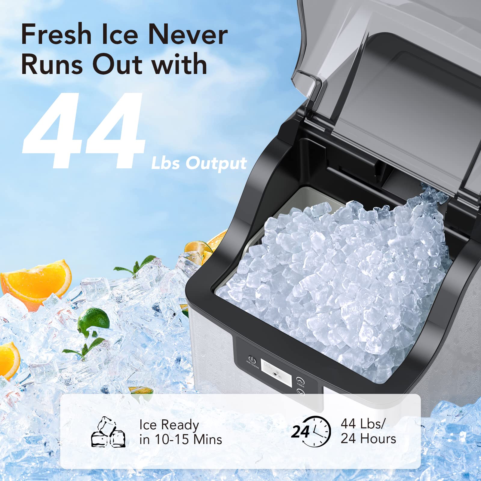 Portable Countertop Nugget Ice Maker - 44 Lbs/Day Crunchy Pebble Ice Machine with 24H Timer & Self-Cleaning, Stainless Steel Tabletop Ice Maker for Home, Office, Bar, RV, and Outdoor Parties - Perfect for Cocktails, Sodas, and Beverage Dispensers