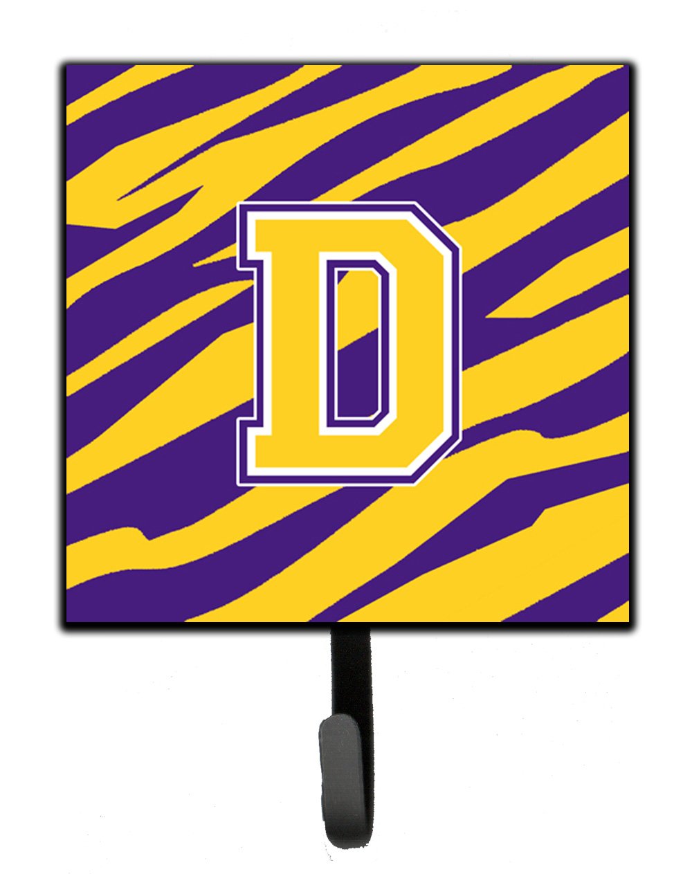 Caroline's Treasures CJ1022-DSH4 Tiger Stripe-Purple Gold Leash Holder & Key Hook with Initial D - Small Multicolor Wall Organizer for Pets & Home Entryway