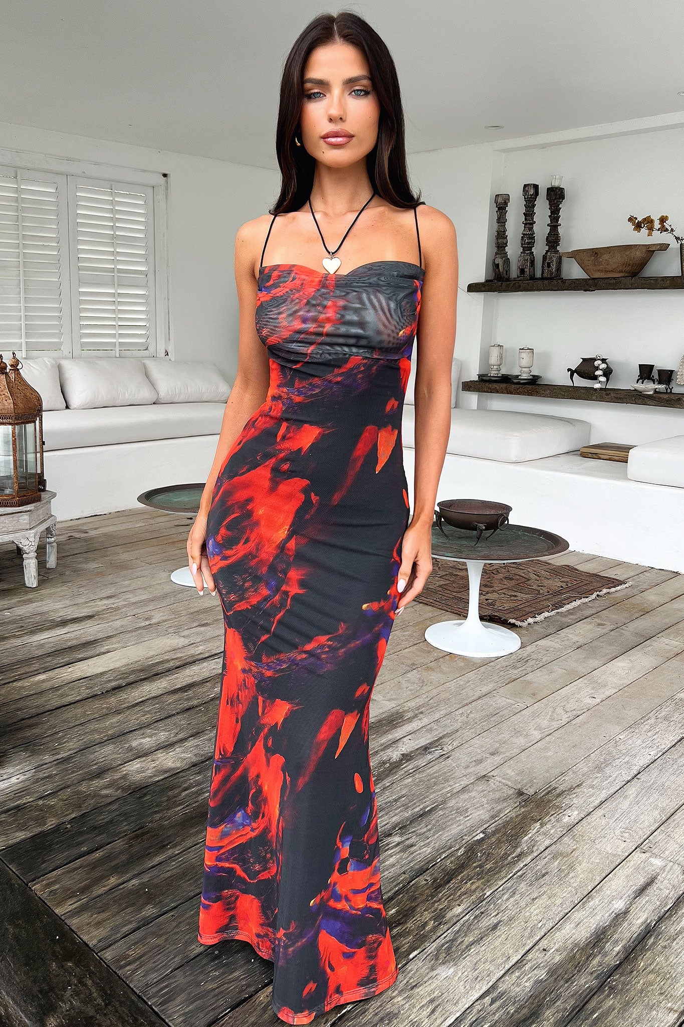 Barb Mesh Maxi Dress - Black & Red | Sexy Long Sleeve Evening Gown for Women | Perfect for Parties, Date Nights & Special Occasions