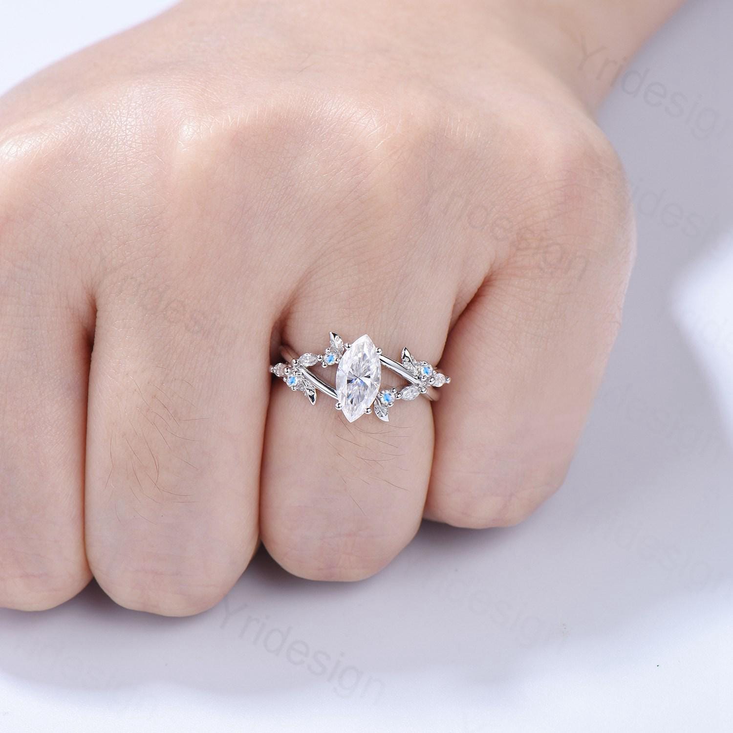 Natural Inspired Marquise Moissanite Ring with Unique Leaves Branch Design - Elegant Moissanite Engagement Ring Featuring Cluster Moonstone & Split Shank Twig - Perfect for Wedding, Anniversary, and Romantic Occasions