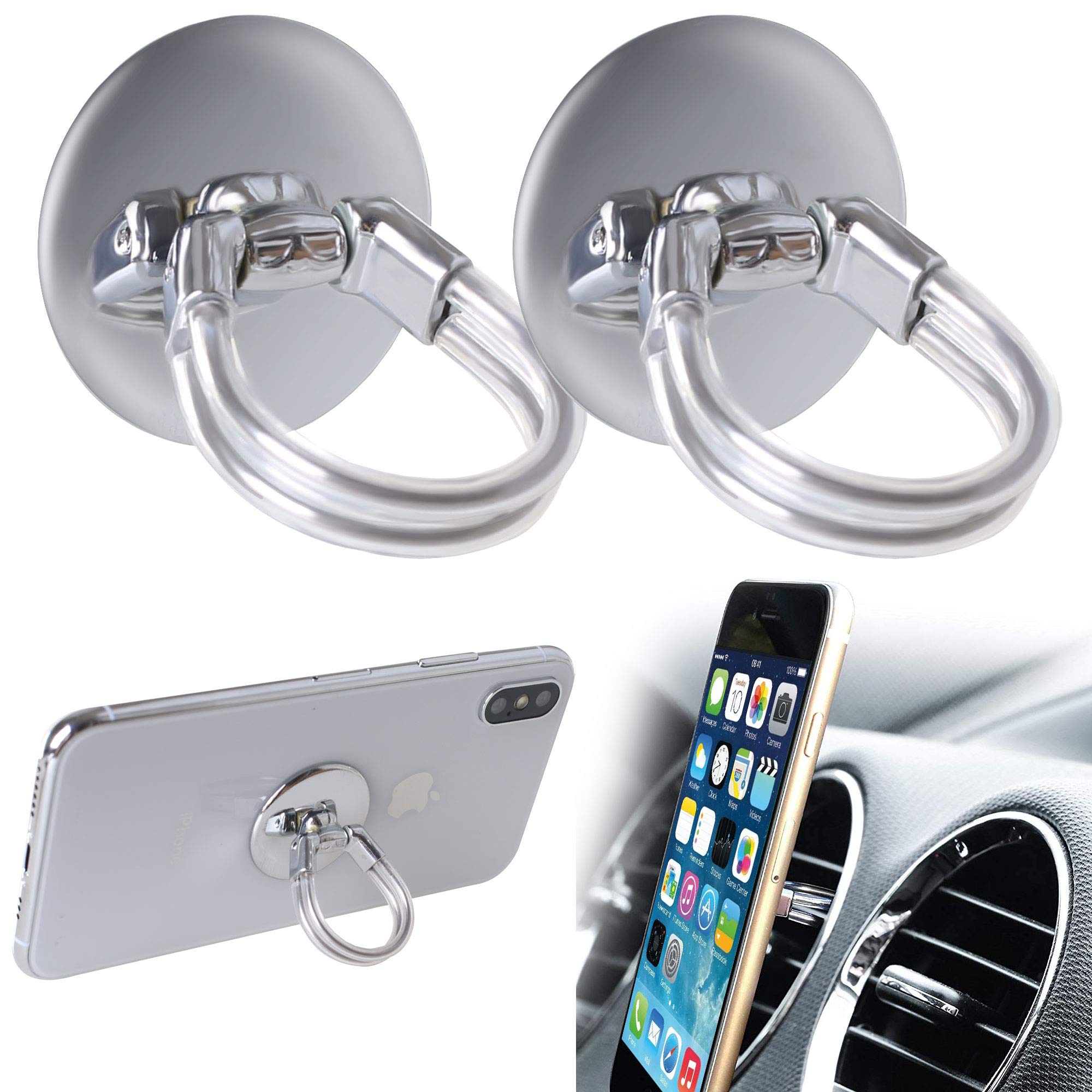 Universal 2-Pack Air Vent Phone Ring Holder & Stand - Car Mount for iPhone & Smartphones, Finger Grip Phone Holder (Silver) | Perfect for Driving, Commuting & Hands-Free Use