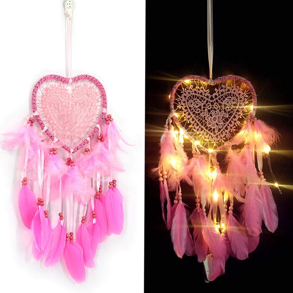 Handmade Pink Dream Catcher Wind Chime - Boho Wall Hanging Decor for Bedroom, Nursery & Living Room - Natural Feather & Bead Home Ornament for Relaxation & Positive Energy
