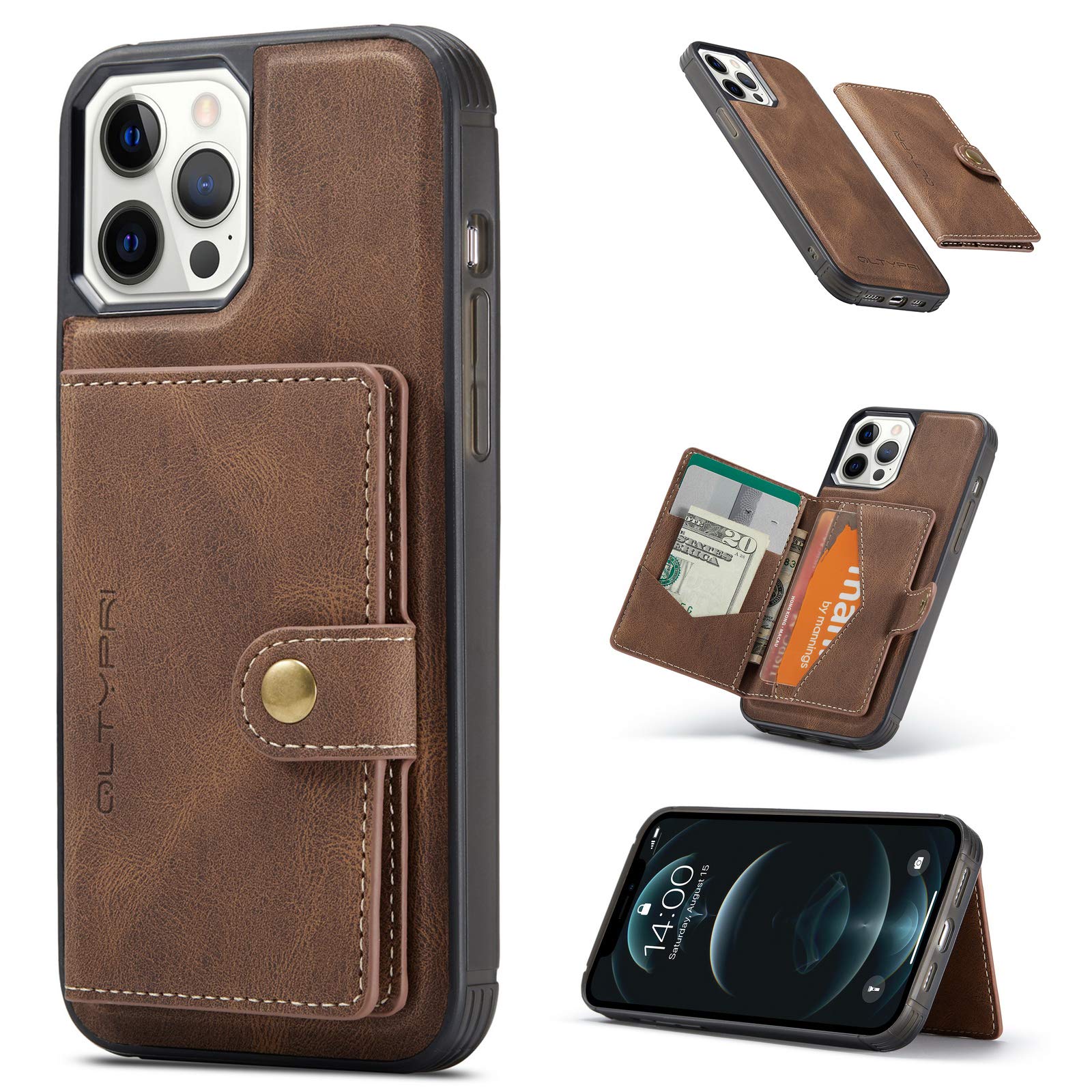 Premium PU Leather Wallet Case for iPhone 12 Pro Max with Magnetic Detachable Card Slot, Kickstand & Shockproof Protection - Brown | Perfect for Credit Card Storage, Hands-Free Viewing & Car Mount Use