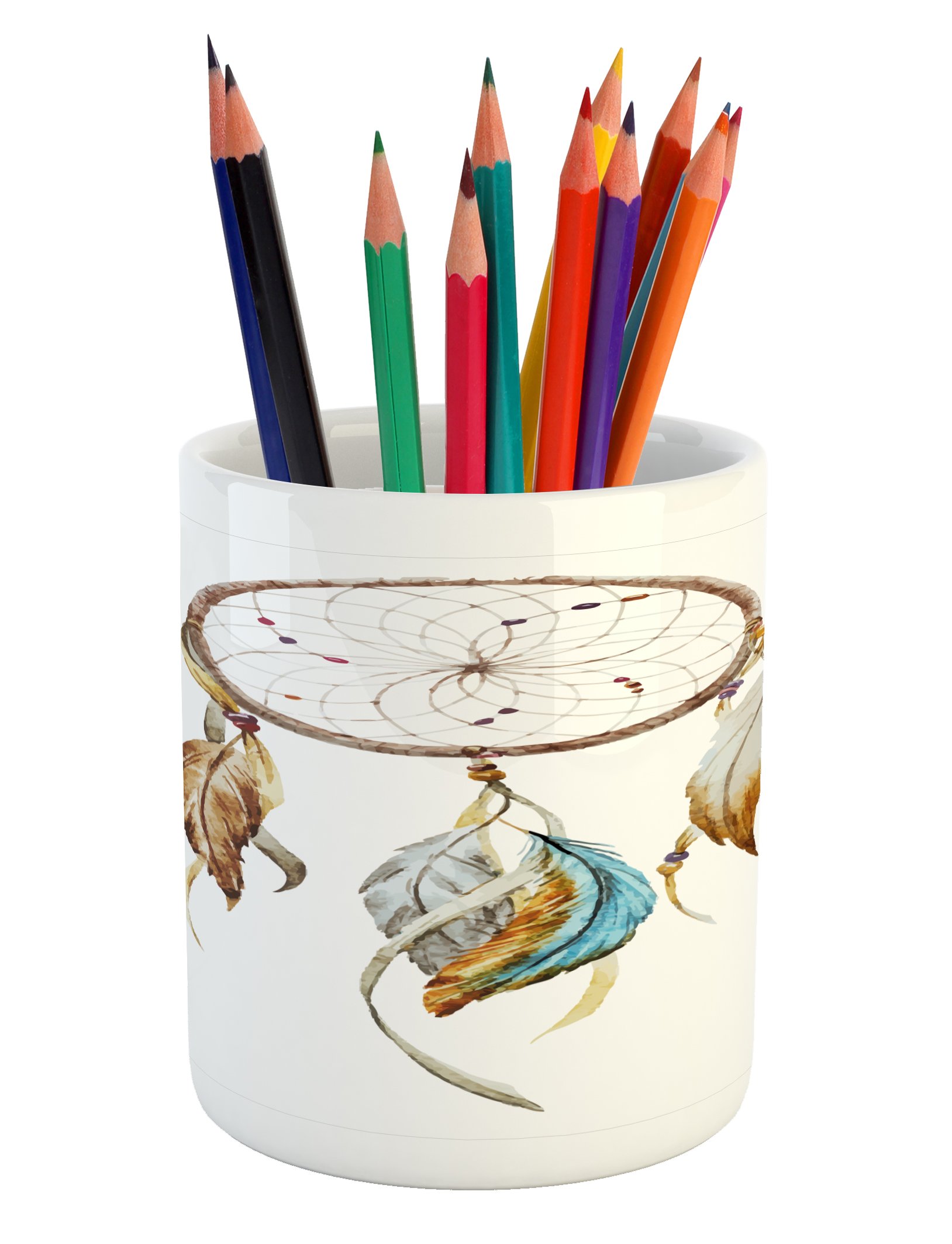 Ambesonne Feather Ceramic Pen Holder - Watercolor Style Desk Organizer with Dreamcatcher Design for Office & Home Decor, Brown Blue Grey | Perfect for Pencils, Pens & Art Supplies
