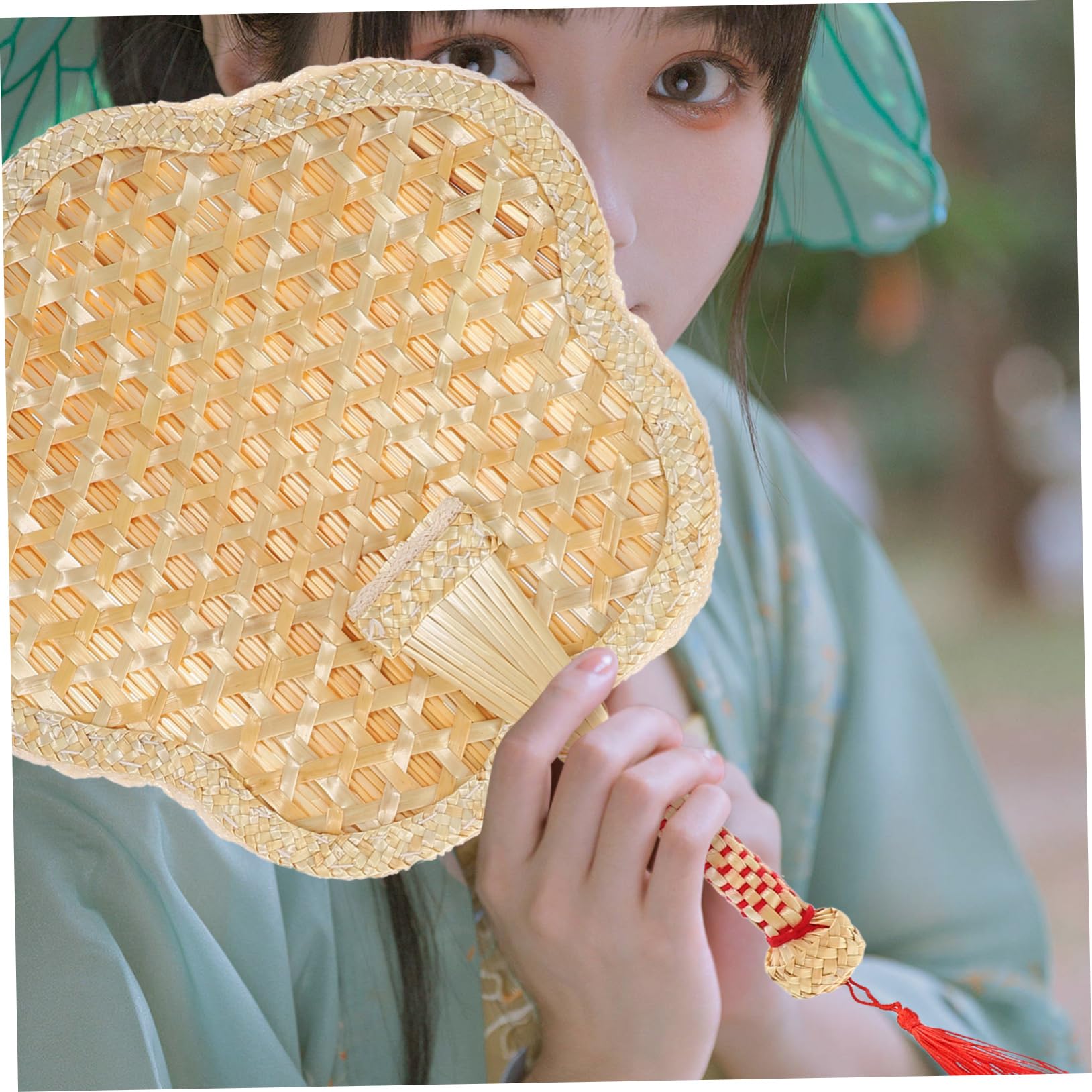 ABOOFAN Natural Hand Fan - Chinese Woven Straw Handheld Cooling Fan with Handle for Wedding, Photo Props & Summer Outdoor Use