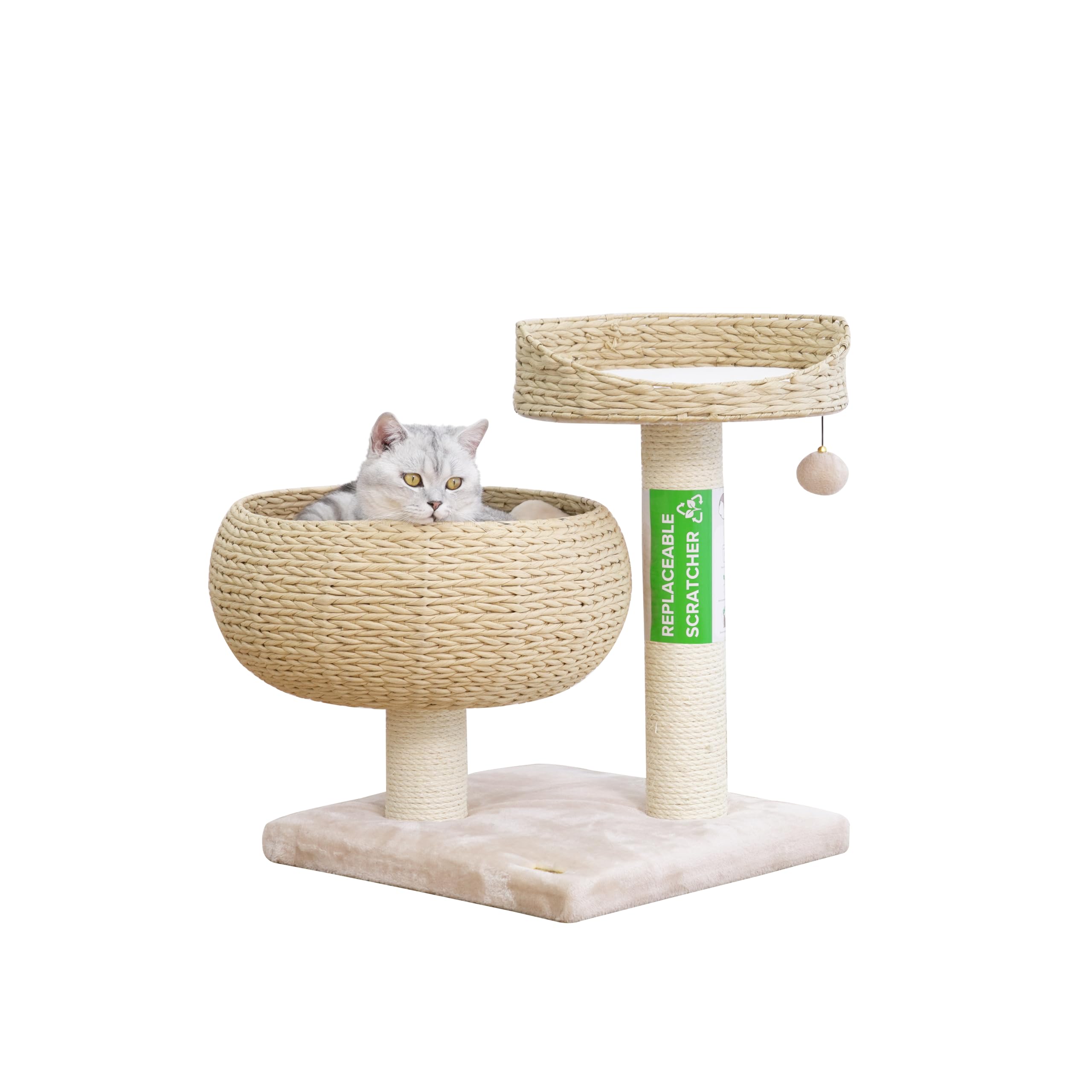 Natural Paper Rope Cat Tree with Bowl-Shaped Perch - Eco-Friendly Pet Climbing Toy for Indoor Kittens & Playful Cats | Perfect for Small Spaces & Cat Nap Time