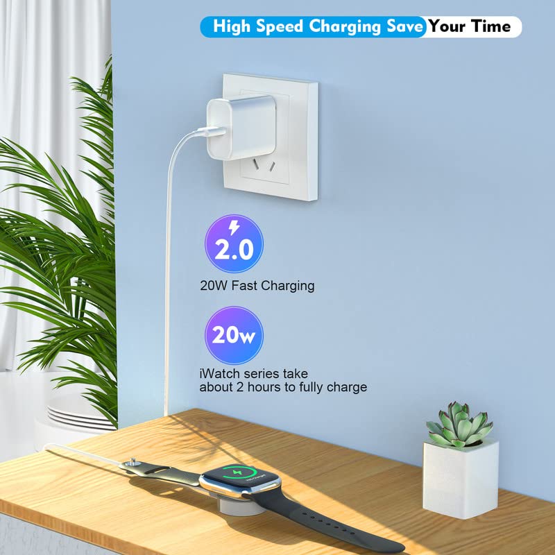 20W USB-C Fast Charger for Apple Watch & iPhone - 6.6FT Portable Charging Cable - Compatible with Apple Watch Series 9/8/7/SE/6/5/4/3/2/1 - Perfect for Travel, Office & Home Use