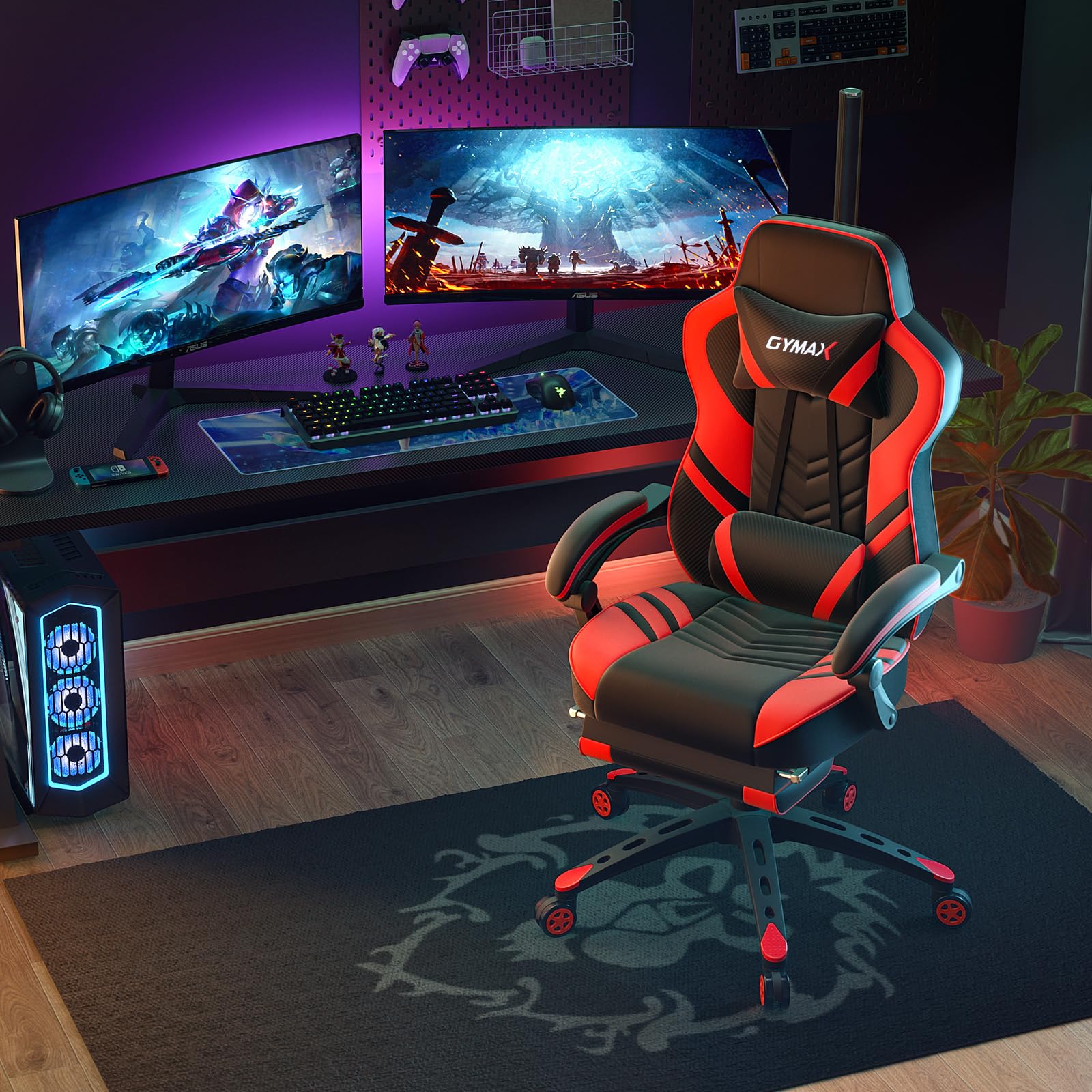 Powerstone Ergonomic Gaming Chair with Footrest & Lumbar Support - Adjustable Racing Style PU Leather Computer Chair for Office & Home Gaming Setup - Perfect for Esports, Streaming & Long Work Sessions (Red)