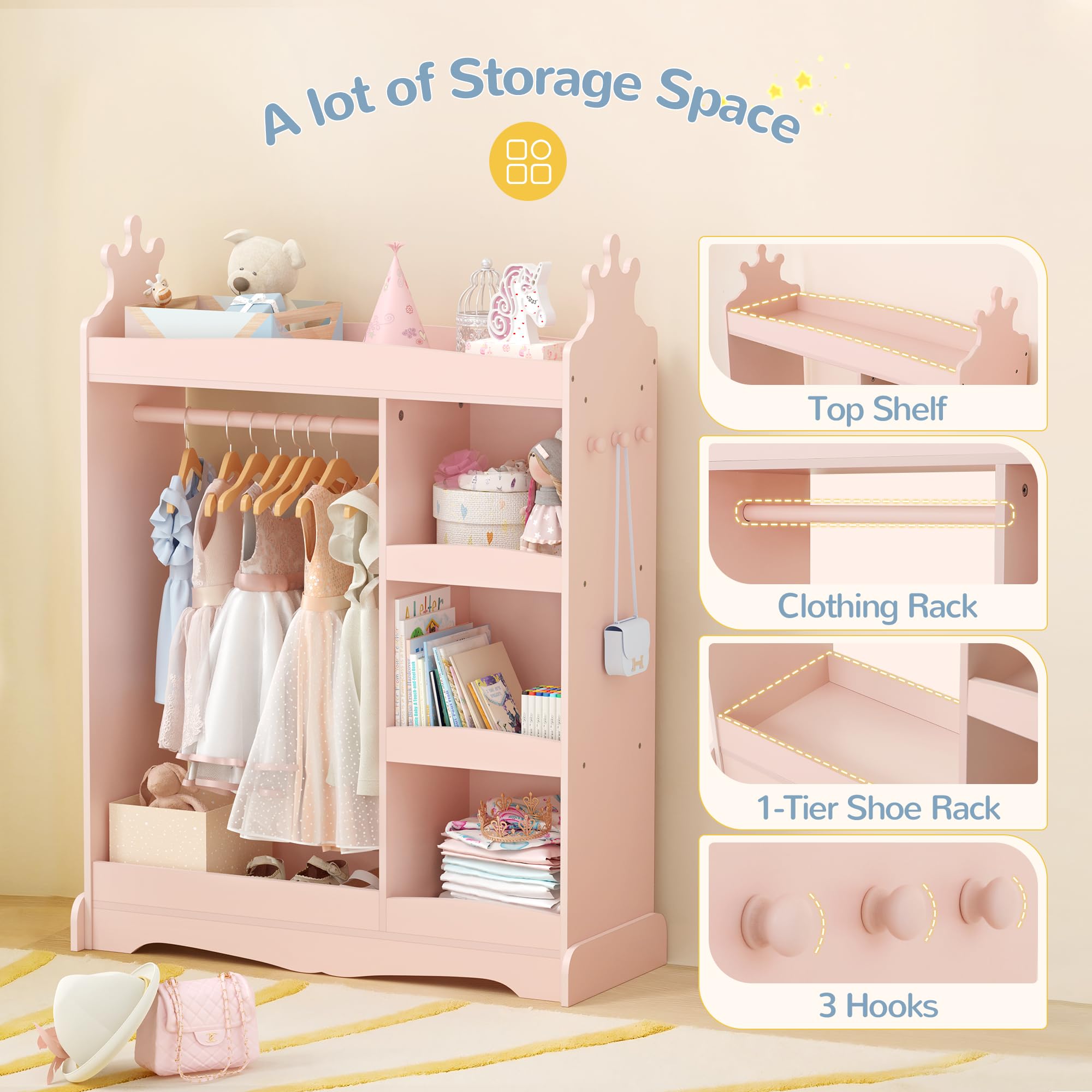 Pink Kids Wardrobe with Mirror & 3 Hooks - Girls Boys Closet Organizer, Costume Storage Armoire for Bedroom - Perfect for Toy Storage, Dress-Up Play & Bedroom Organization