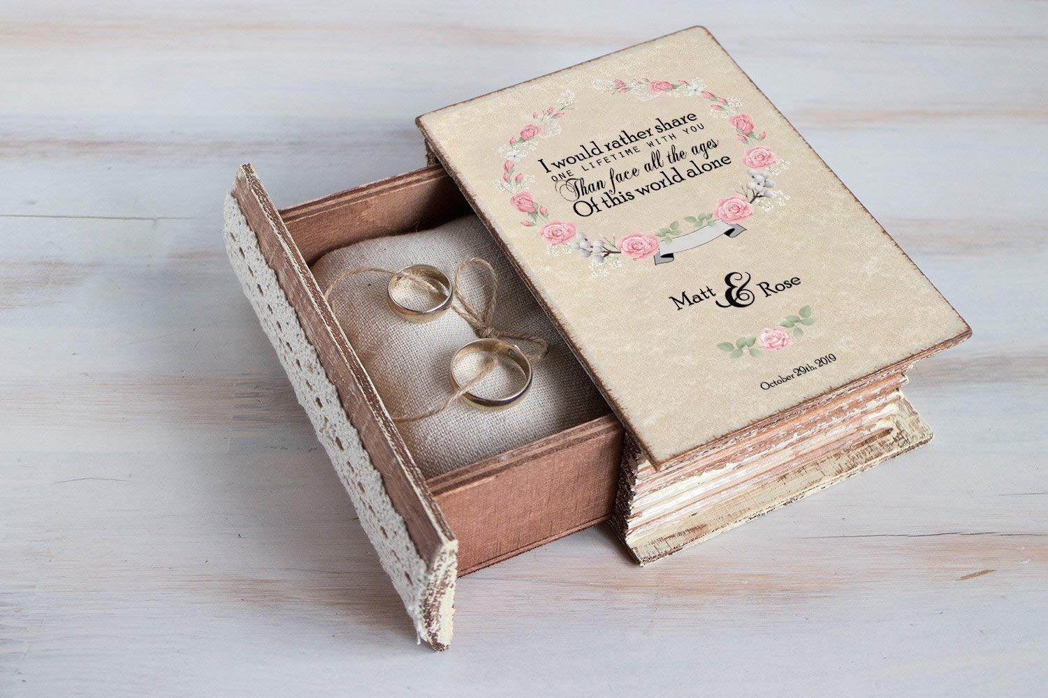 Personalized Wedding Ring Box - Black & White Ring Bearer Box with Blush Pink Roses, Floral Engagement Ring Holder for Spring Weddings, Bridal Showers & Proposals - Elegant Gift Box for Jewelry Storage