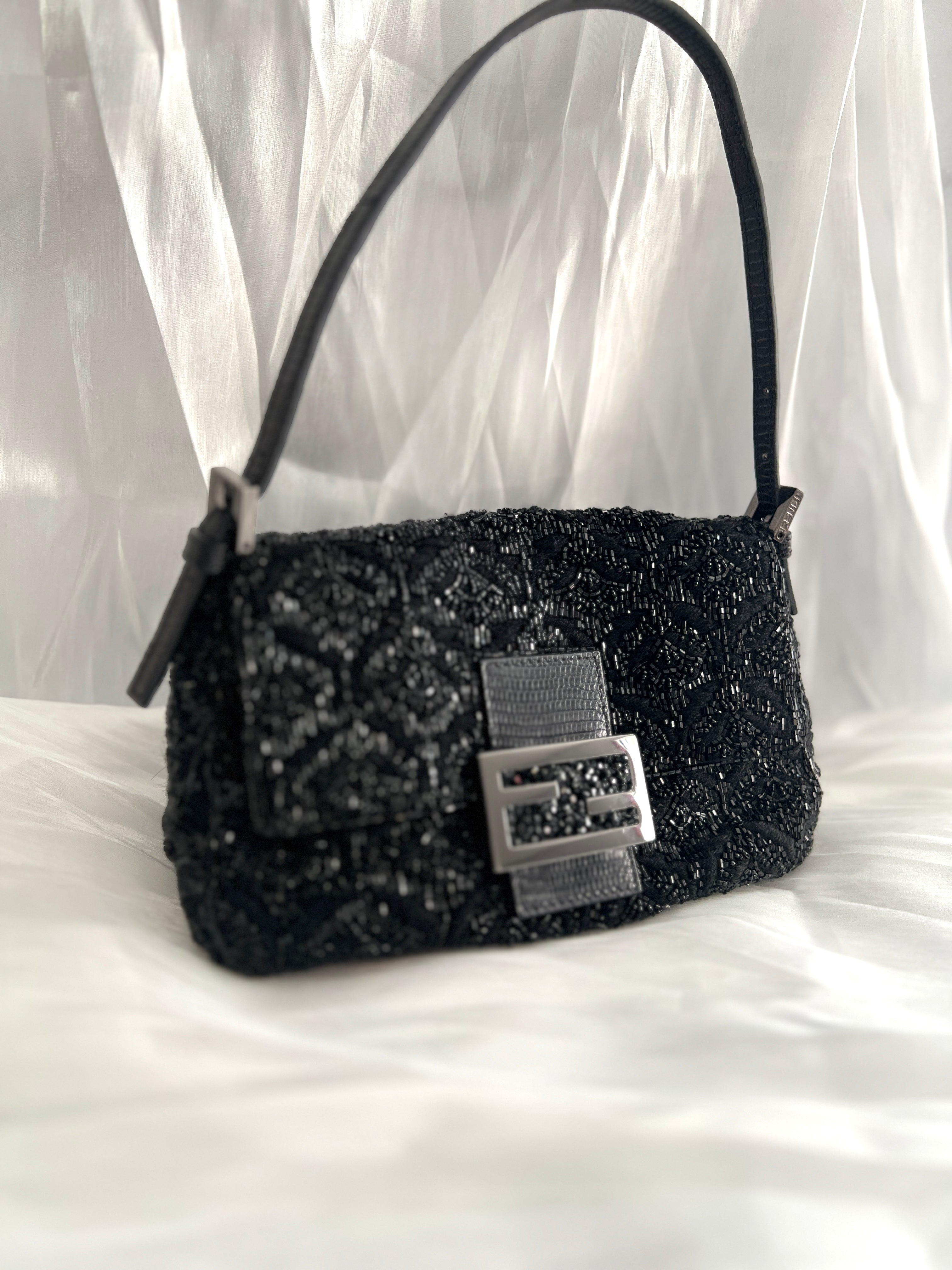 Fendi Black Rose Pattern Beaded Mini Mamma Baguette Bag - Luxury Crossbody Purse for Women, Evening Parties & Special Occasions