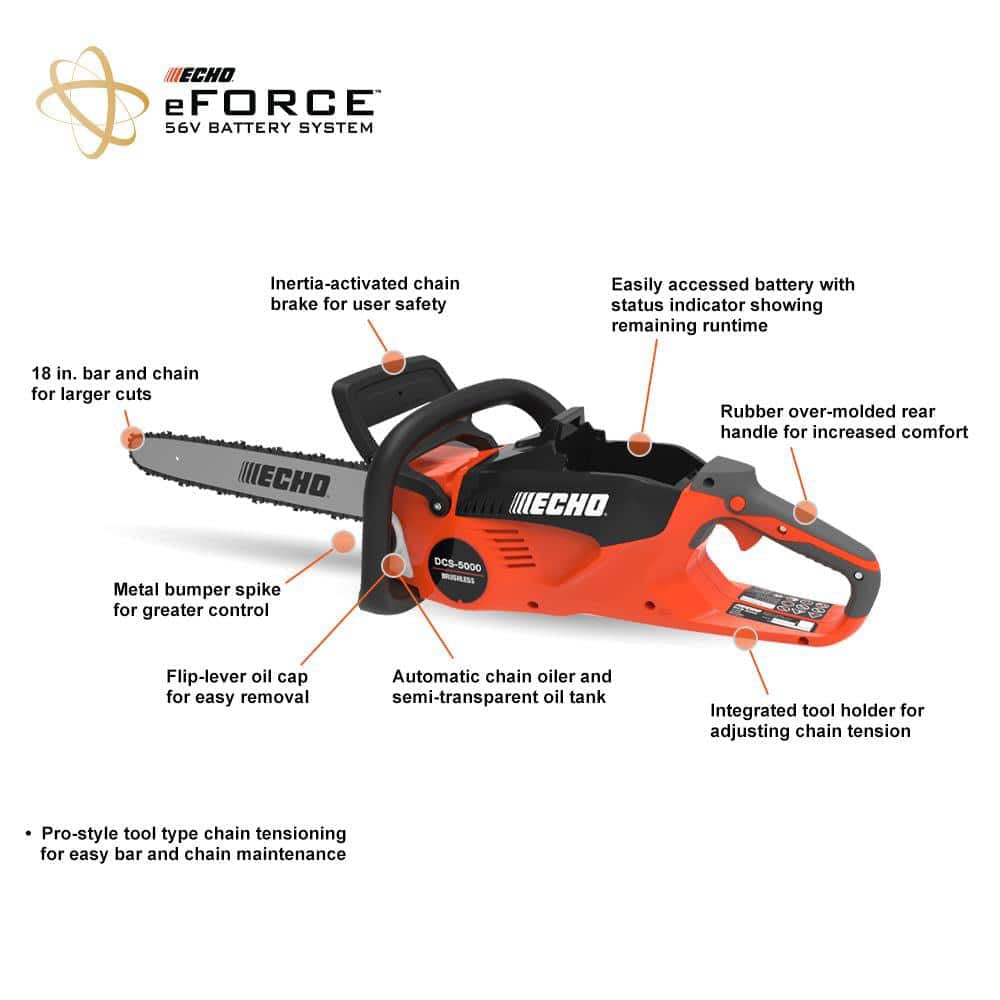 ECHO DCS5000-18C2 56V Cordless Rear Handle Chainsaw with Battery & Charger - Professional Wood Cutting, Tree Trimming, and Landscaping Tool