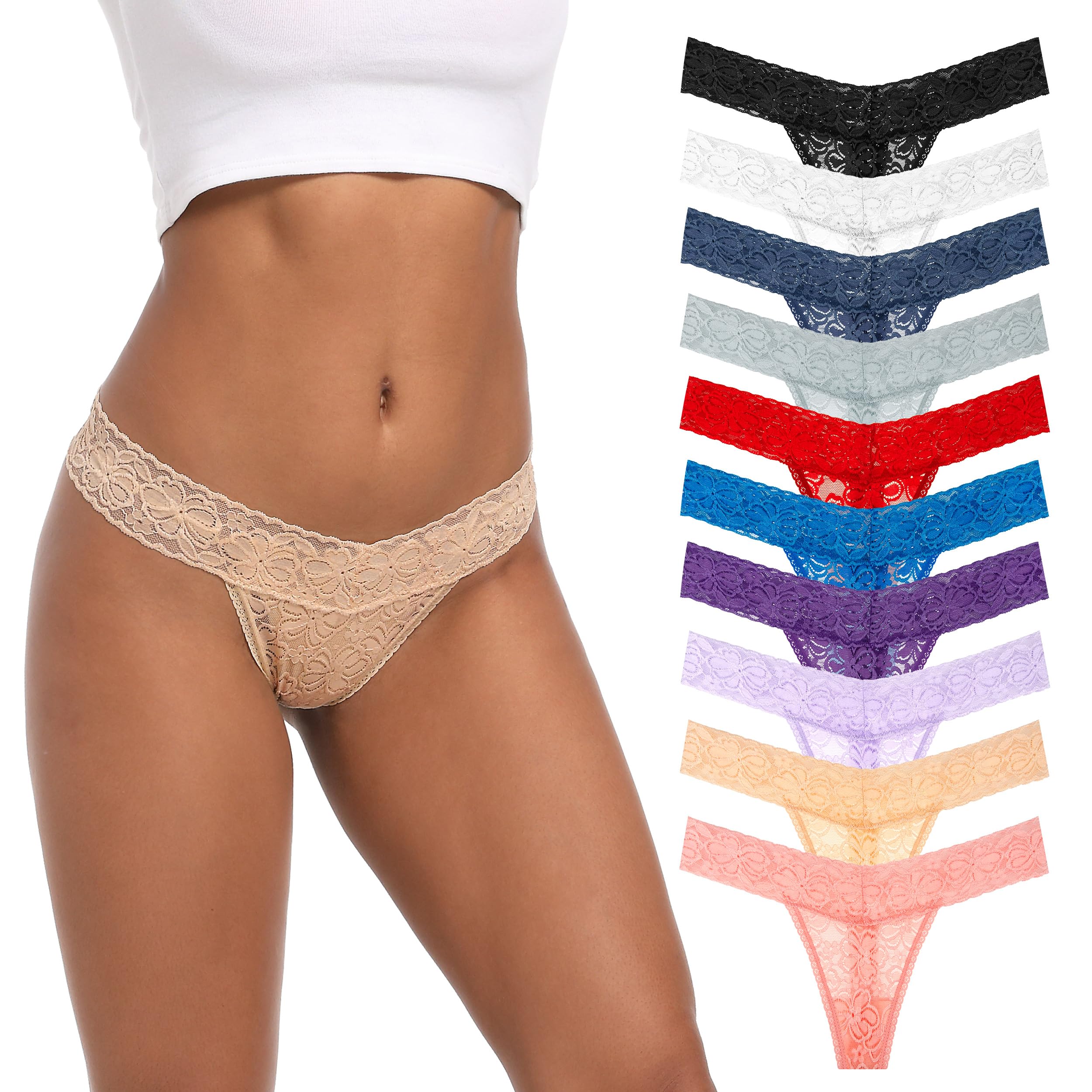 10 Pack Seamless Lace Thongs for Women Plus Size - Breathable Low Rise T-Back Cotton Underwear No Show Panties - Perfect for Everyday Wear, Workout & Special Occasions