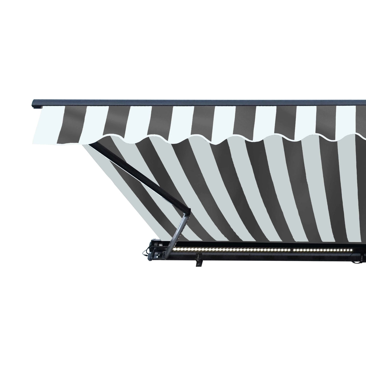 20x10ft Aleko Half Cassette Motorized Retractable LED Patio Awning - Gray & White Stripes | Luxury Outdoor Shade Solution for Backyard, Deck & Poolside