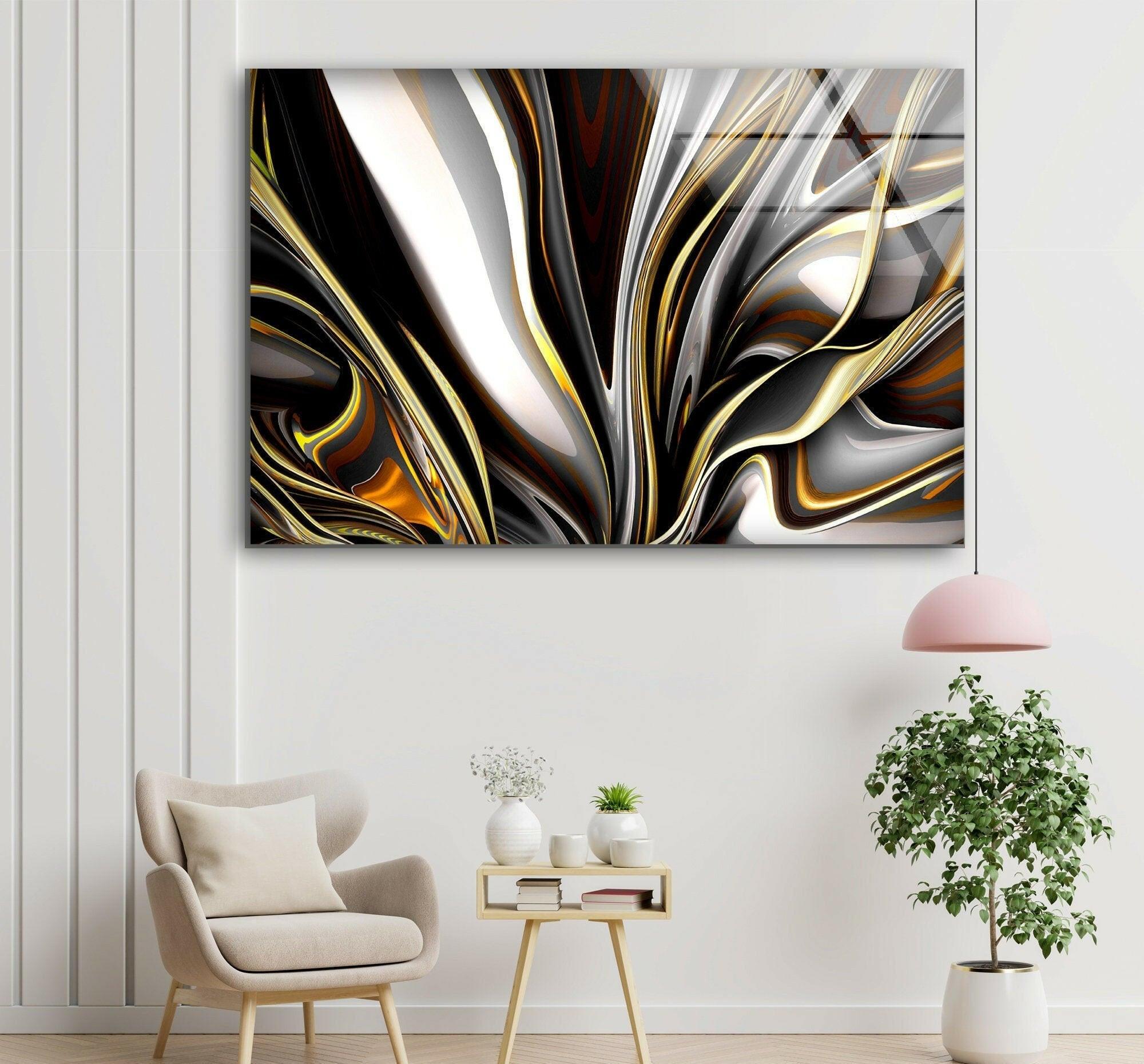 Abstract Luxury Golden Splash Glass Wall Art - Modern Home Decor for Living Room, Bedroom & Office - Elegant Handmade Glass Painting for Wall Decoration