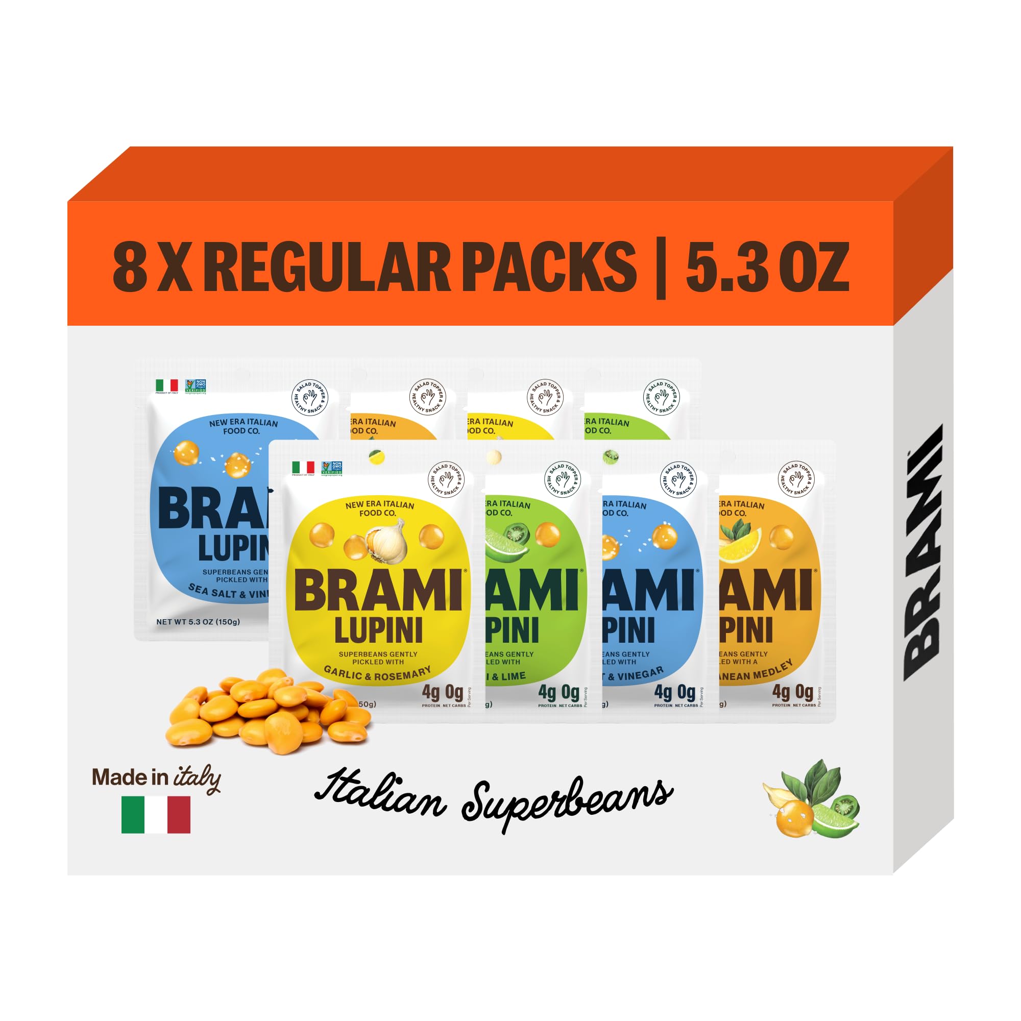 BRAMI Lupini Beans Snack Variety Pack - High Protein (7g), Low Carb (0g Net Carbs), Vegan, Keto & Mediterranean Diet Friendly - 5.3oz (8-Pack) | Perfect for On-the-Go Snacking, Office Lunch & Healthy Travel Food