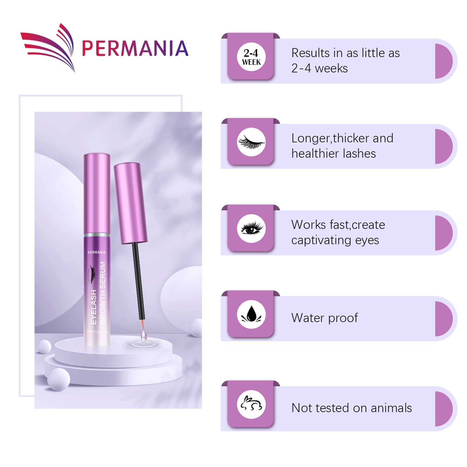 PERMANIA Eyelash Growth Serum - Natural & Cruelty-Free Lash Enhancer for Longer, Thicker Lashes | Hydrating & Conditioning Formula (2ML) | Perfect for Daily Use & Special Occasions