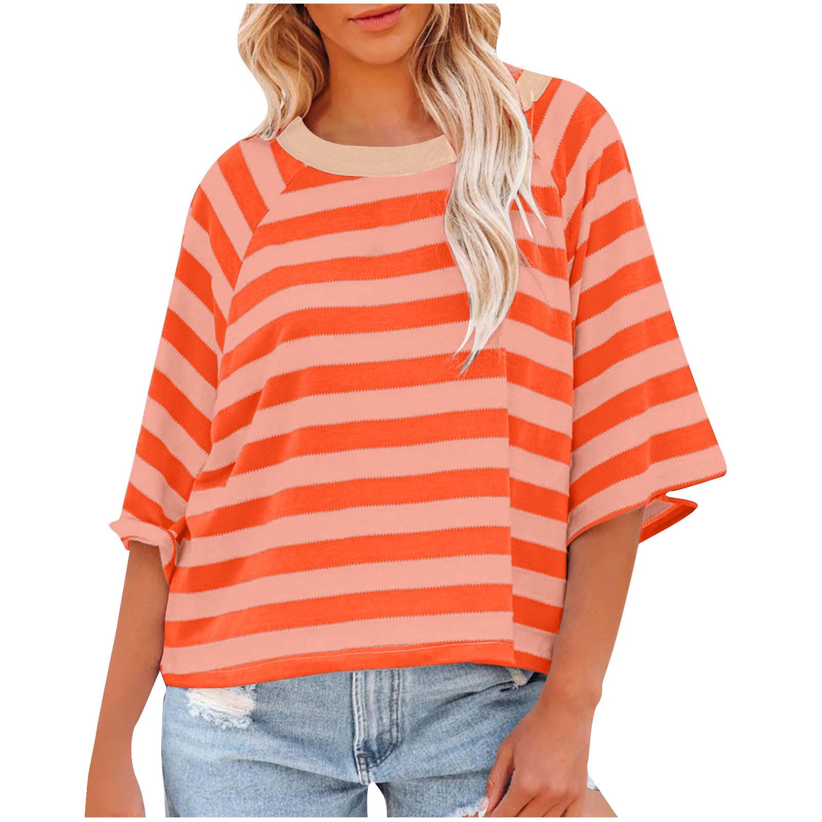 Women's Striped Casual Crewneck T-Shirt - Soft Elbow Sleeve Pullover Tee - Loose Fit Trendy Blouse for Everyday Wear, Weekend Outings & Layering