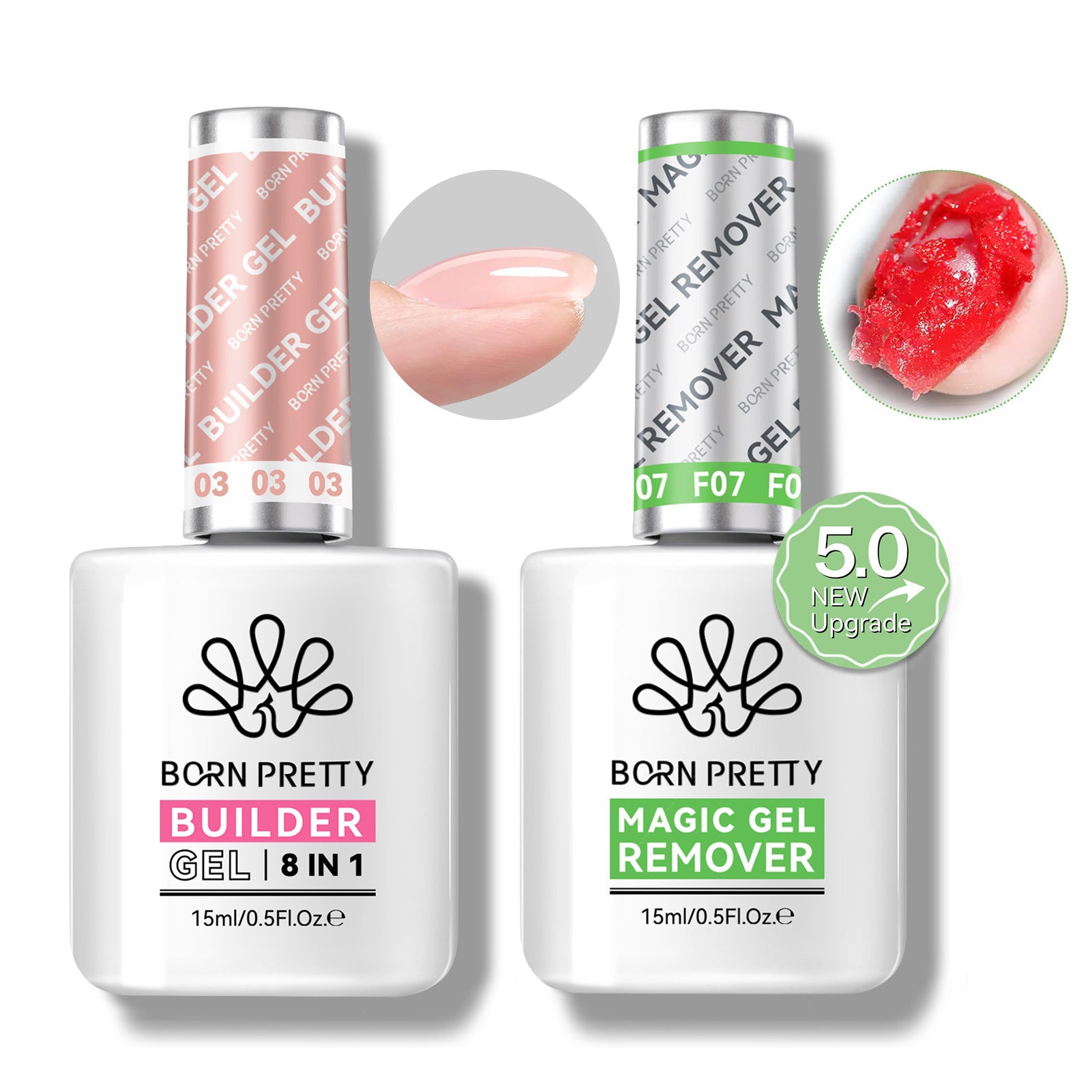 2-Pack Magic Gel Remover with Nude 8-in-1 Builder Gel 15ml - Professional Nail Polish Remover Kit for Salon & Home Manicure