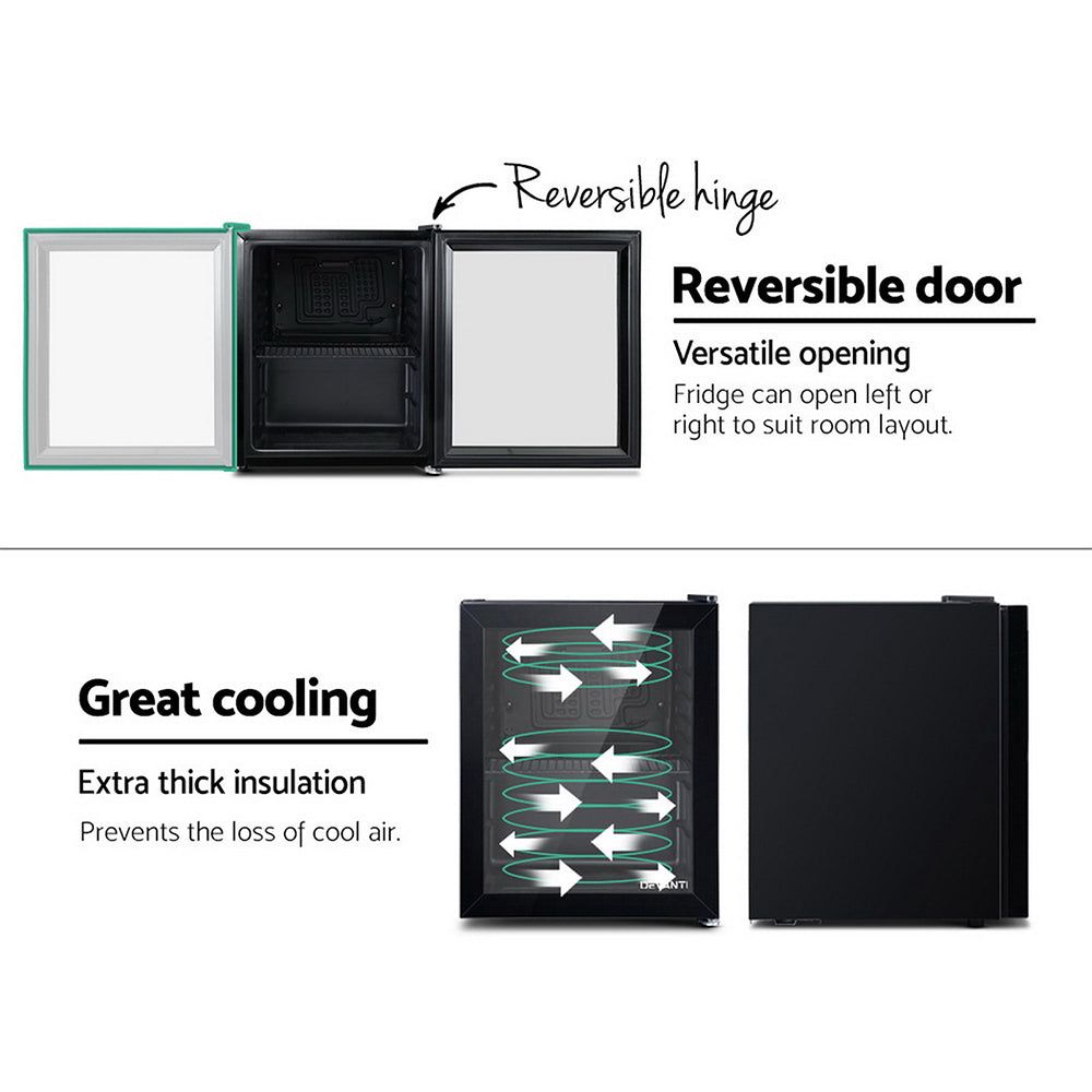 Devanti 46L Mini Bar Fridge with Glass Door and Interior Light - Compact Black Refrigerator for Home, Office, Dorm, or Entertainment Room