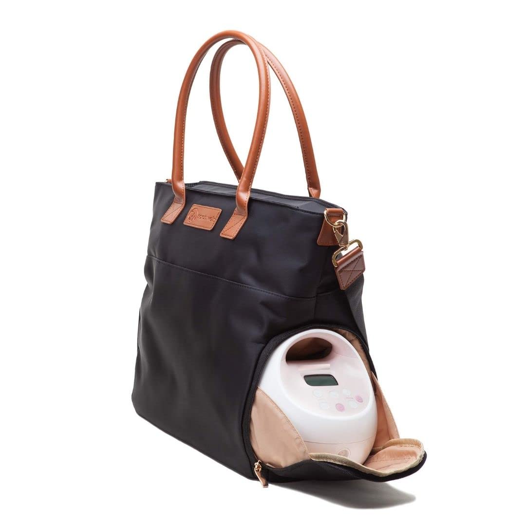 Sarah Wells Abby Breast Pump Bag with Genuine Leather Straps - Stylish & Functional Diaper Bag for Nursing Moms - Perfect for Work, Travel & On-the-Go Pumping (Black)