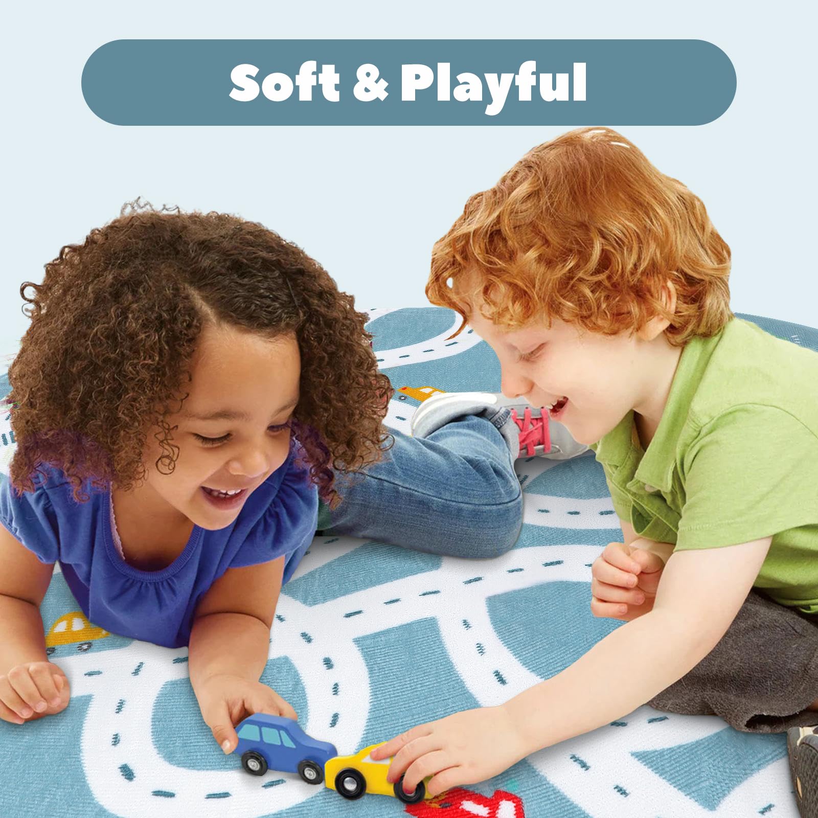 STARUIA Kids Play Rug 3'x5' Non-Slip Washable for Nursery & Playroom - Blue Traffic Carpet for Boys Girls Room & Tent Fun
