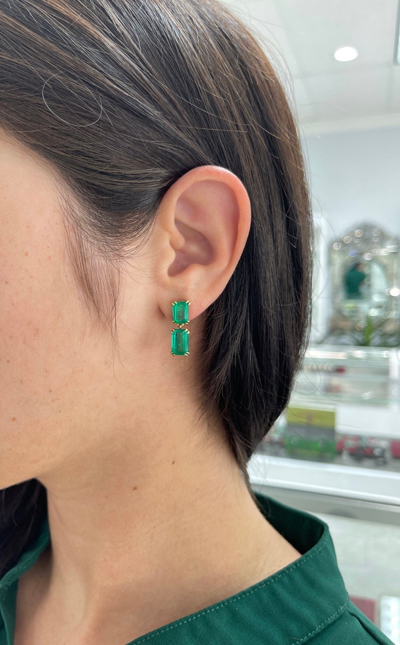 18K Yellow Gold Colombian Emerald Dangle Earrings - 8.93tcw AAA+ Vivid Green Gemstone Jewelry for Women, Perfect for Weddings, Parties & Special Occasions