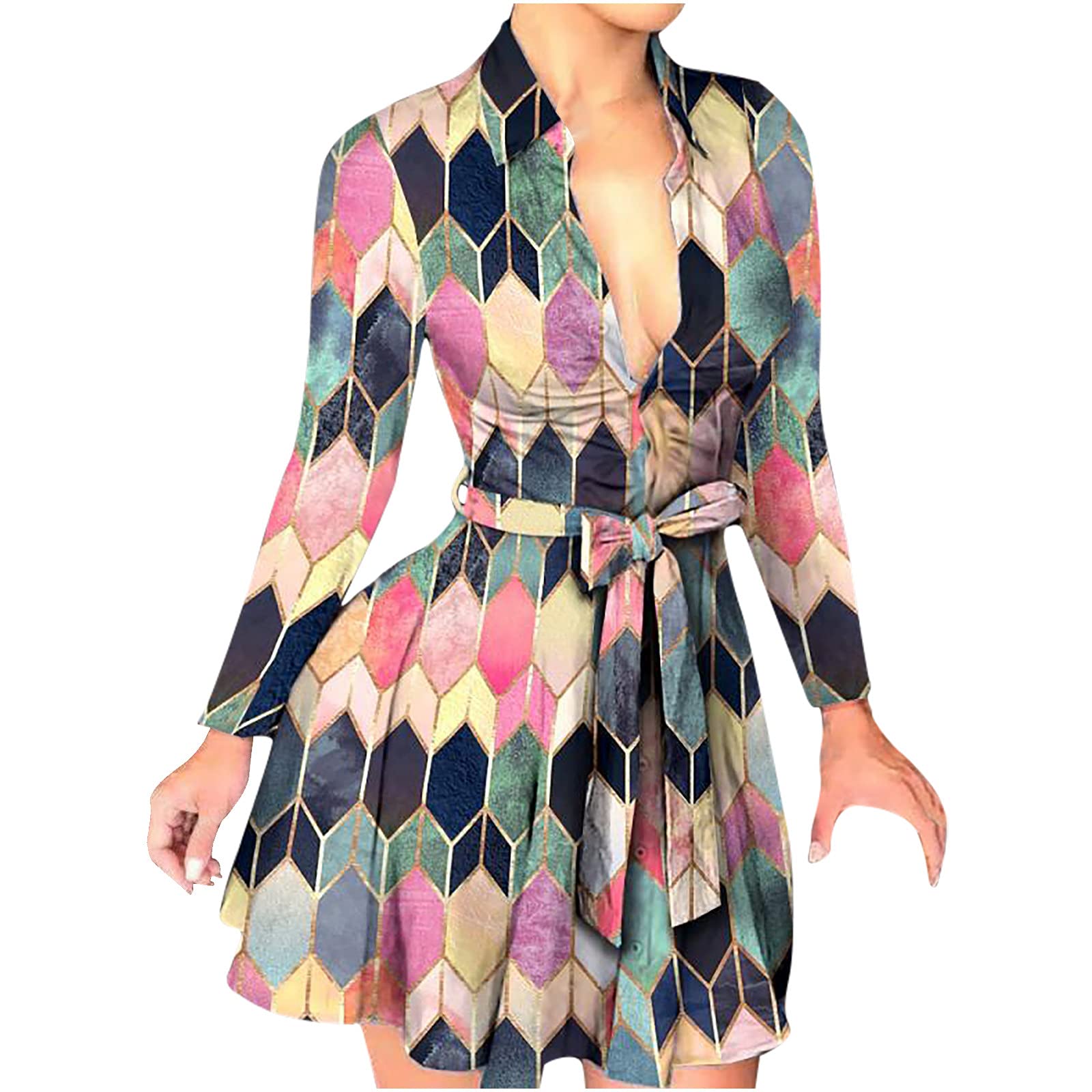 Sexy Women's Slim Bowknot Lapel Mini Dress - Color Block Splicing Vintage Long Sleeve Party Dress for Night Out, Date Night & Special Occasions