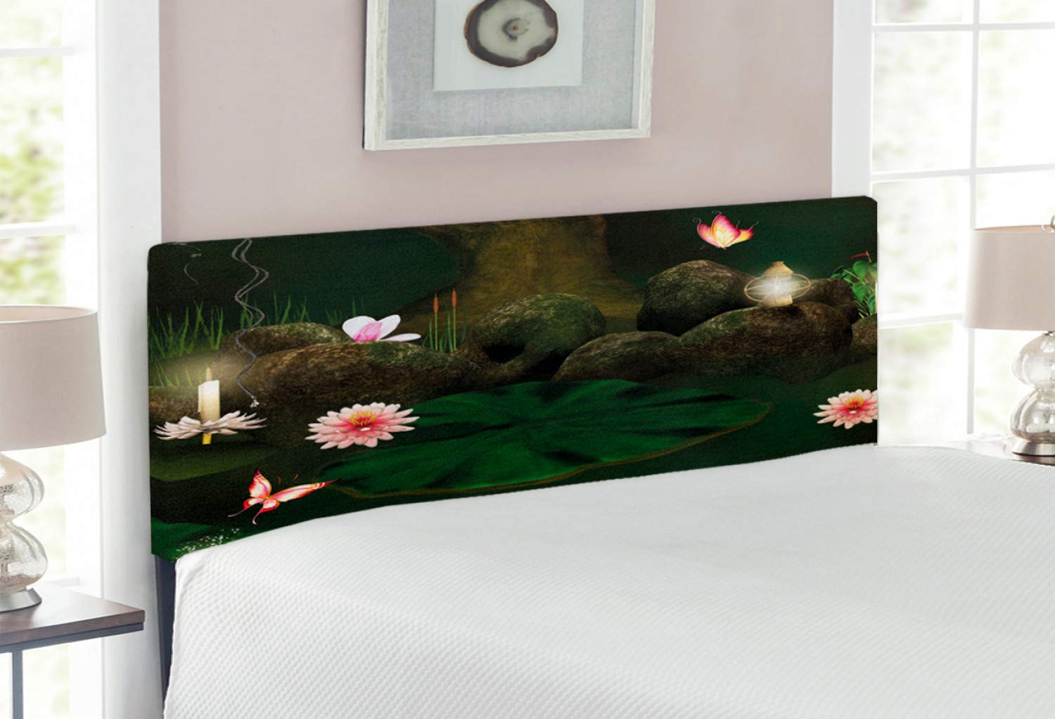 Ambesonne Upholstered Metal Headboard with Memory Foam - Mystical Forest Design with Butterflies & Flowers - Full Size Bed Headboard in Green & Brown - Perfect for Bedroom Decor & Gothic Style Interiors
