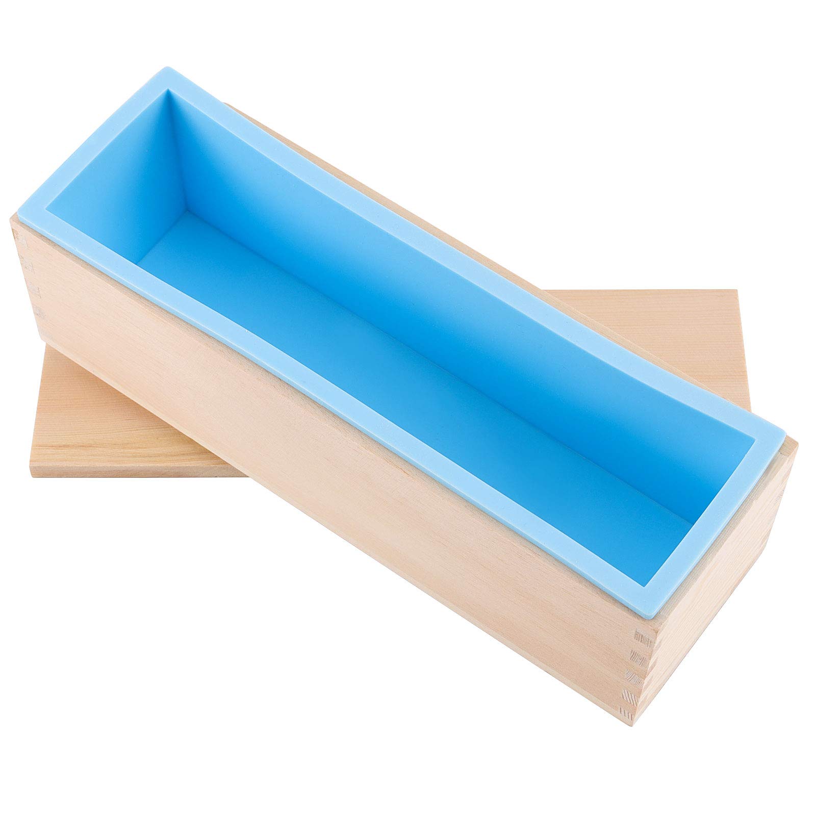 3-Piece 45 Oz Blue Silicone Soap Molds Set - Flexible Rectangular Loaf Soap Making Molds with Wooden Box & Cover - DIY Handmade Soap Supplies for Home, Gifts & Bathroom Decor