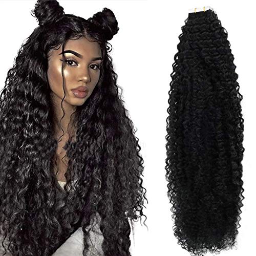 28 Inch Long Tape in Human Hair Extensions for Women - Invisible Seamless Skin Weft - 100% Brazilian Kinky Curly Human Hair - Adhesive Tape in Hair (100g, 40pcs, Color #2) - Perfect for Daily Wear, Parties, Weddings & Special Occasions