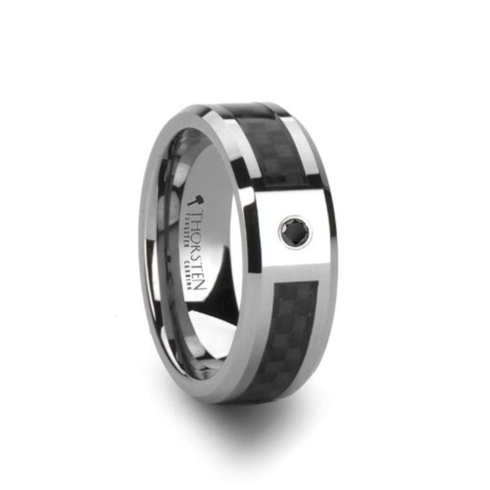 Black Tungsten Wedding Band Ring for Men - 8mm Wide Carbon Fiber & Black Diamond Inlay - Bentley Style - Durable & Scratch Resistant - Perfect for Engagements, Anniversaries, and Everyday Wear