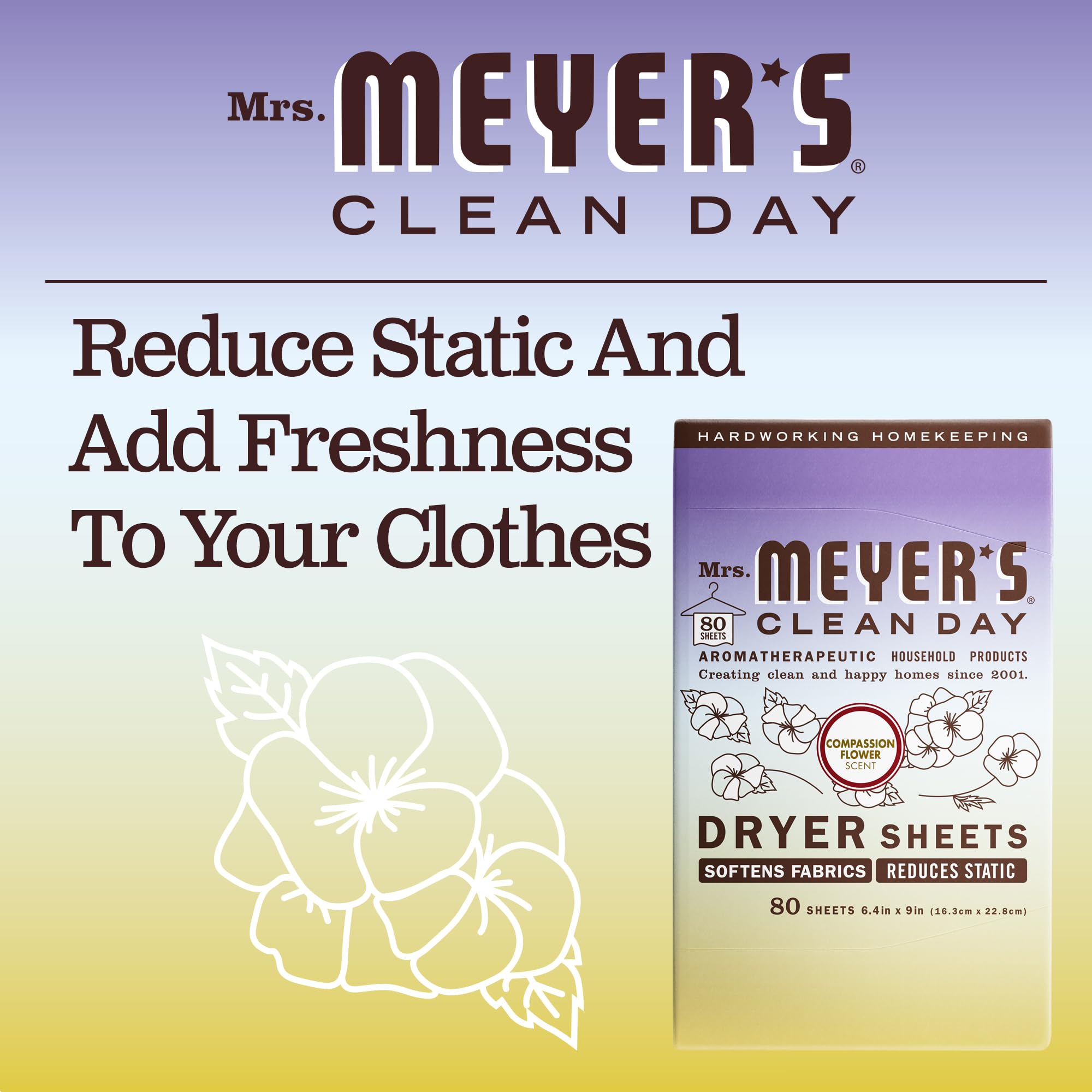 Mrs. Meyer's Clean Day Dryer Sheets - 80 Count | Fabric Softener & Static Reducer with Essential Oils & Compassion Flower Scent | Ideal for Laundry, Clothes Freshening & Softening