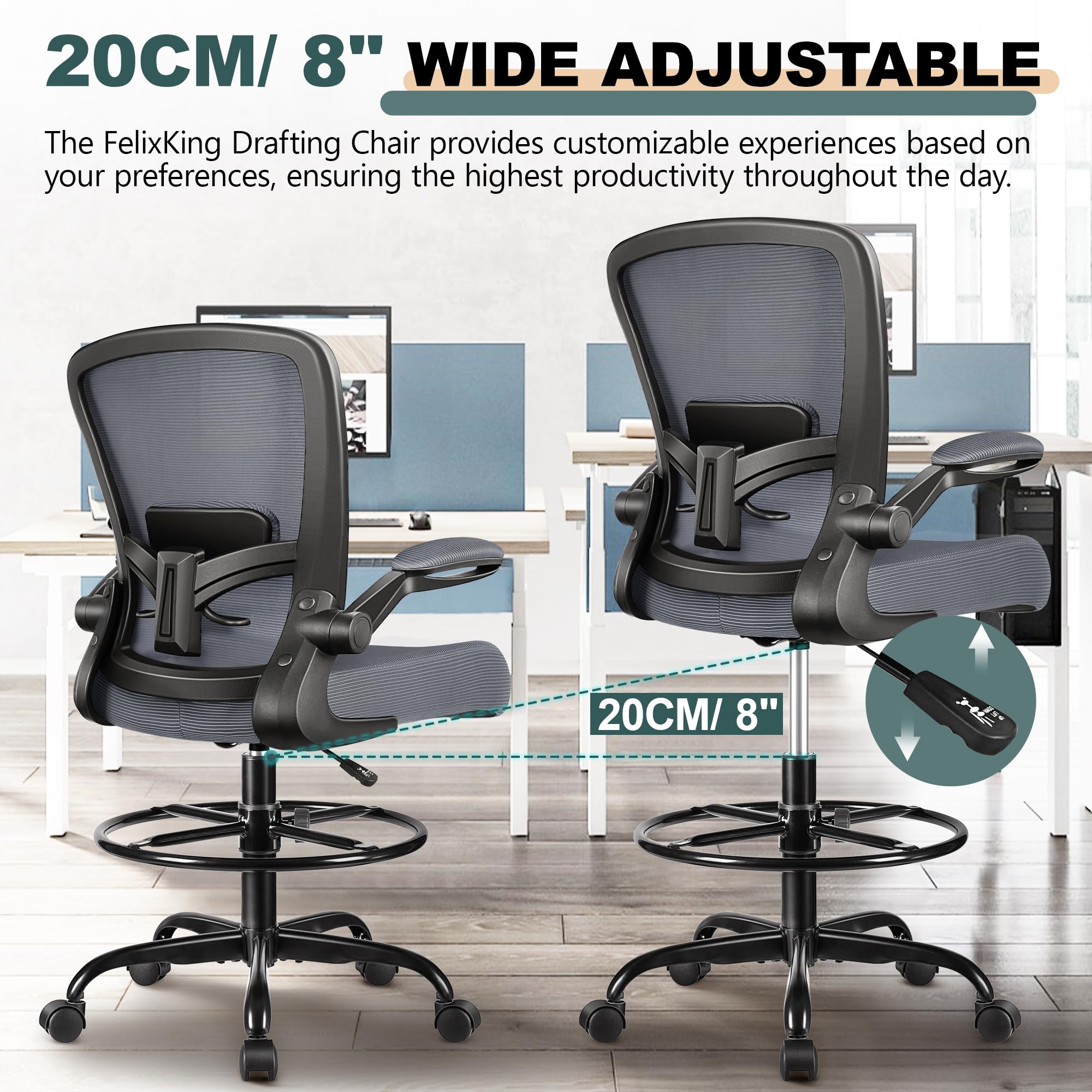 FelixKing Ergonomic Drafting Chair - Adjustable Height Mesh Office Chair with Lumbar Support, Flip-Up Armrests & Footrest - Comfortable High Back Computer Task Chair for Home Office, Studio & Drafting Table Use