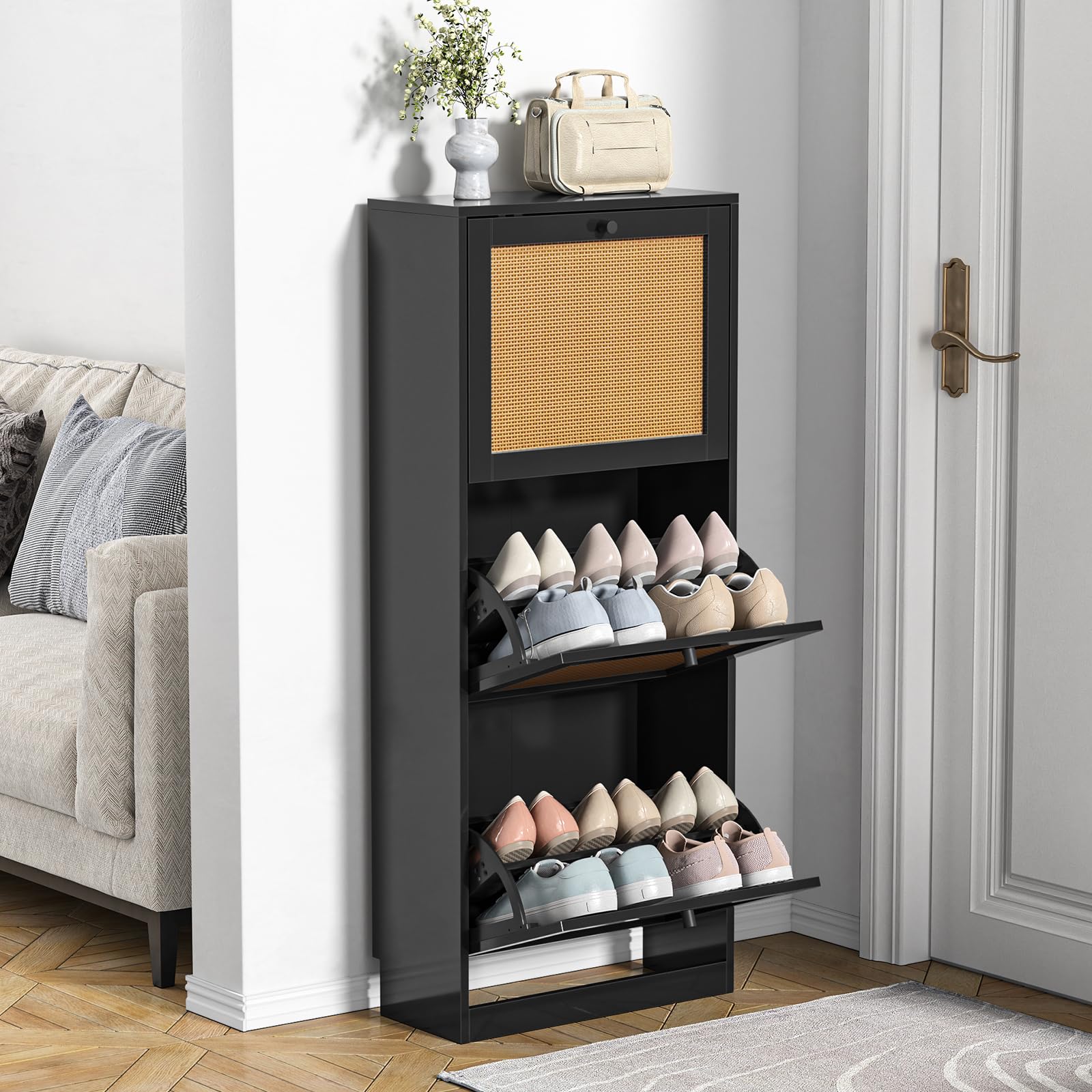 Anmytek 12-Pair Shoe Storage Cabinet - 3-Tier Rattan Shoe Organizer with Flip Drawers, Wooden Entryway Shoe Rack for Hallway & Closet Organization - Black (S0011) - Perfect for Small Spaces & Apartment Living