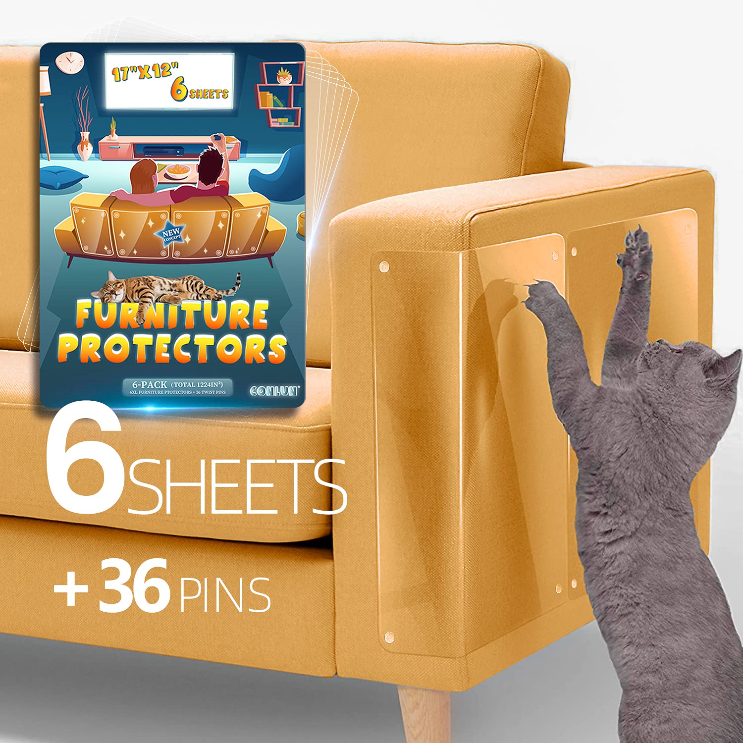 Conlun Cat Scratch Deterrent Furniture Protectors - Adhesive Sheets with Twist Pins for Sofa, Couch & Chairs - Stop Cats from Scratching Furniture - Perfect for Pet Owners & Home Protection
