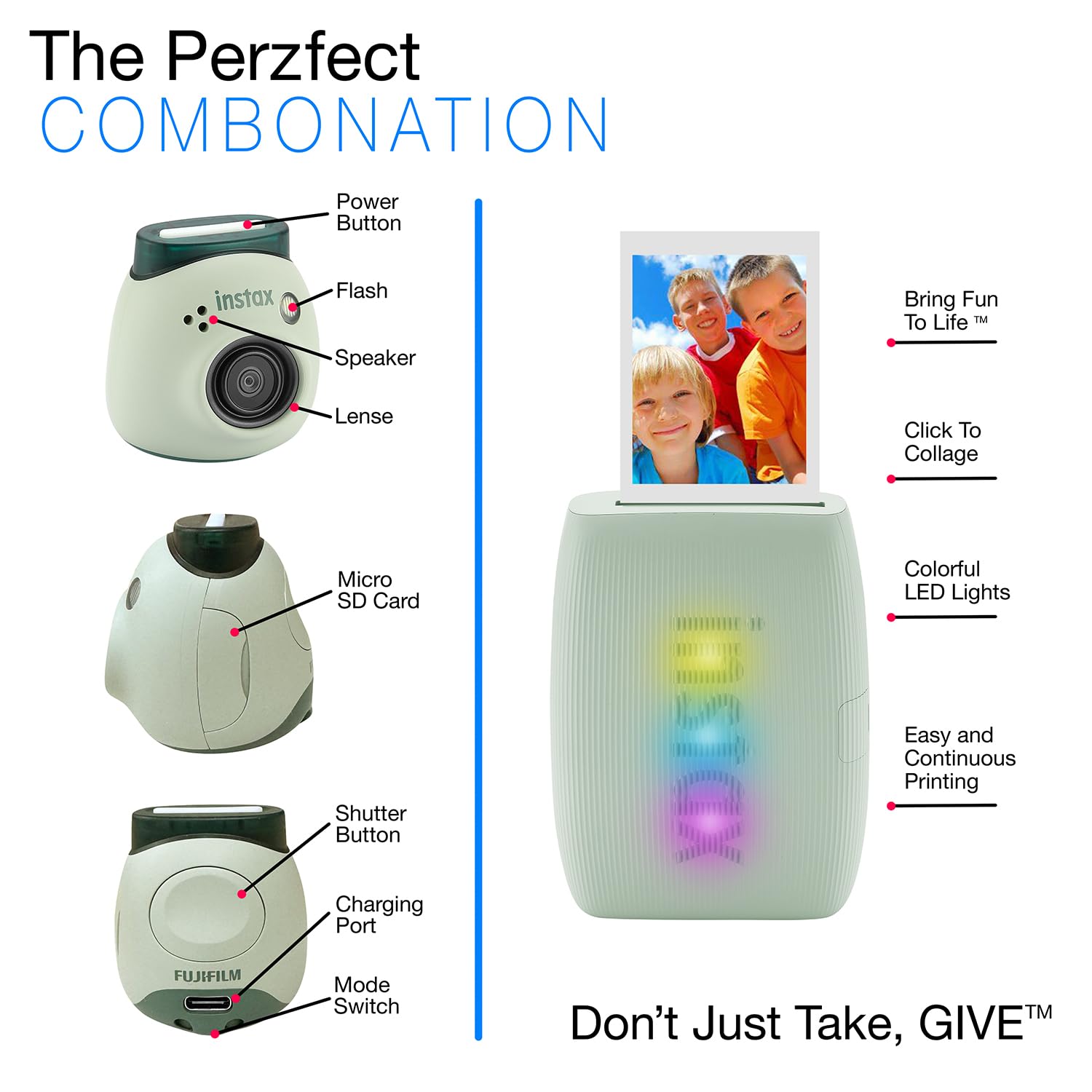 Fujifilm Instax Pal Digital Camera with Link 3 Printer Bundle - Includes Camera Grip & Protective Case (Green) | Perfect for Travel, Parties & Instant Photo Sharing