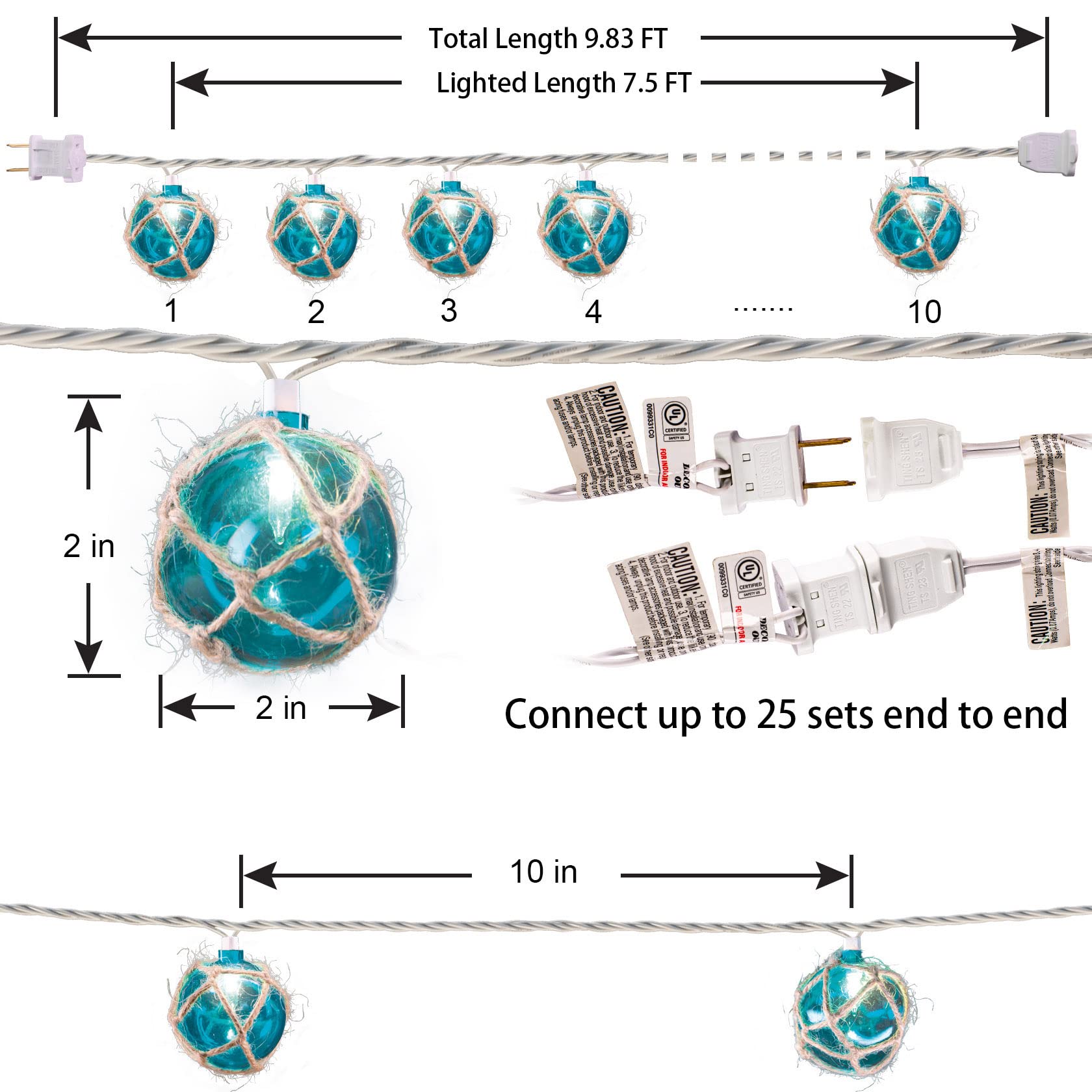 Nautical String Lights - Set of 10 Blue G50 Beach Fairy Lights for Ocean Themed Decor | Waterproof Fishing Lights Perfect for Coastal Room, Patio, Wedding & Outdoor Party Decorations