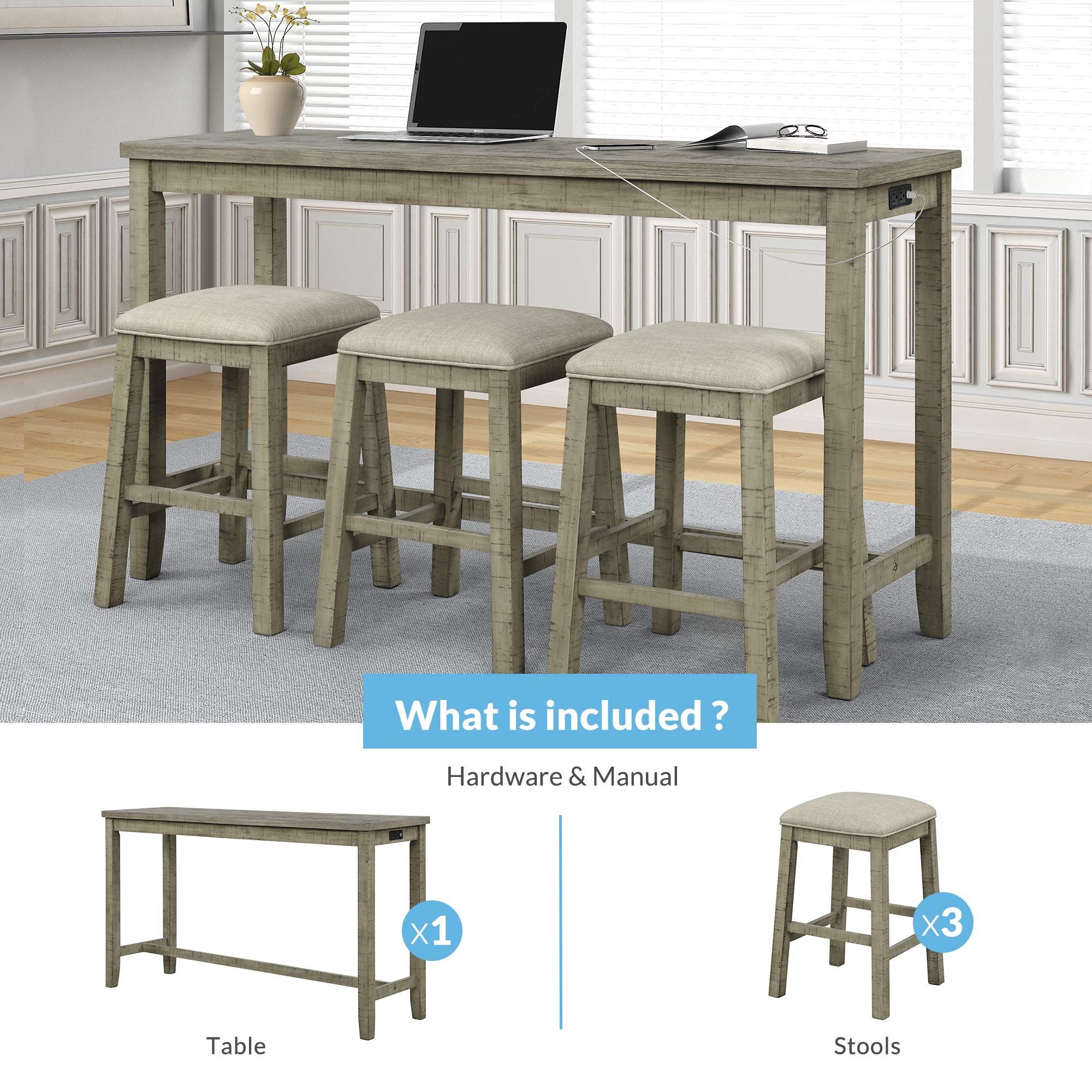 Quarte 4-Piece Rustic Wood Counter Height Bar Table Set with Fabric Padded Stools & Socket, Multipurpose Dining Room Furniture for Kitchen, Living Room, and Small Spaces