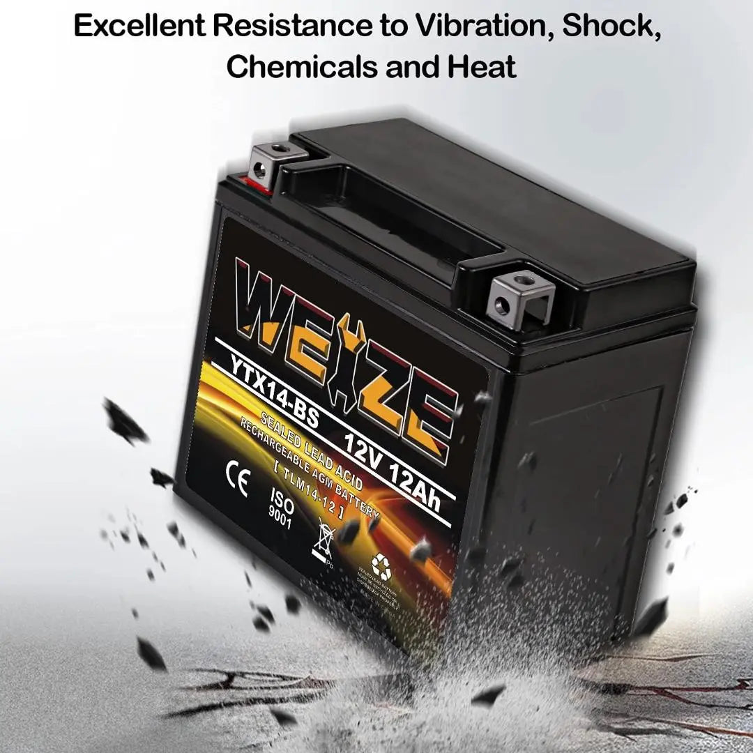 WEIZE YTX14-BS 12V 12Ah AGM Sealed Lead Acid Battery - High Performance, Maintenance Free ATV/Motorcycle Battery - Compatible with Honda, Suzuki, Kawasaki, Yamaha Scooters & Snowmobiles - Perfect for Off-Road Adventures, Winter Riding & Powersports Vehicles