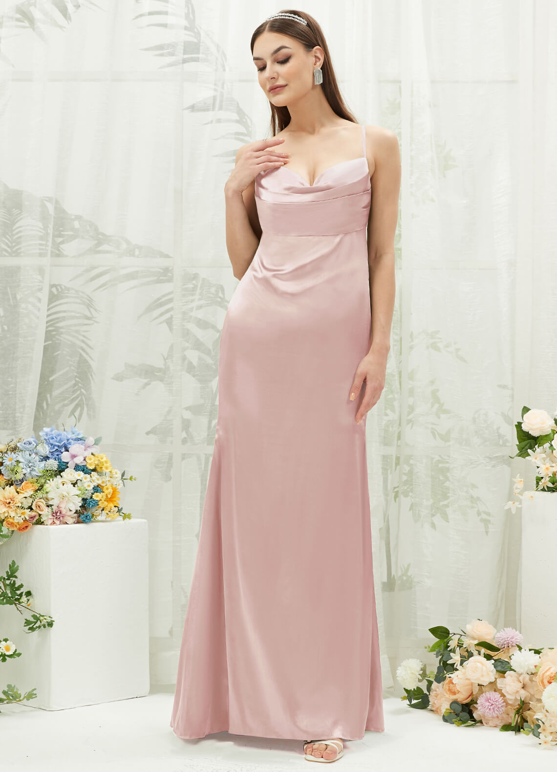 Elegant Blush Satin Cowl Neck Backless Long Bridesmaid Dress with Adjustable Straps - Perfect for Weddings, Formal Events & Evening Parties