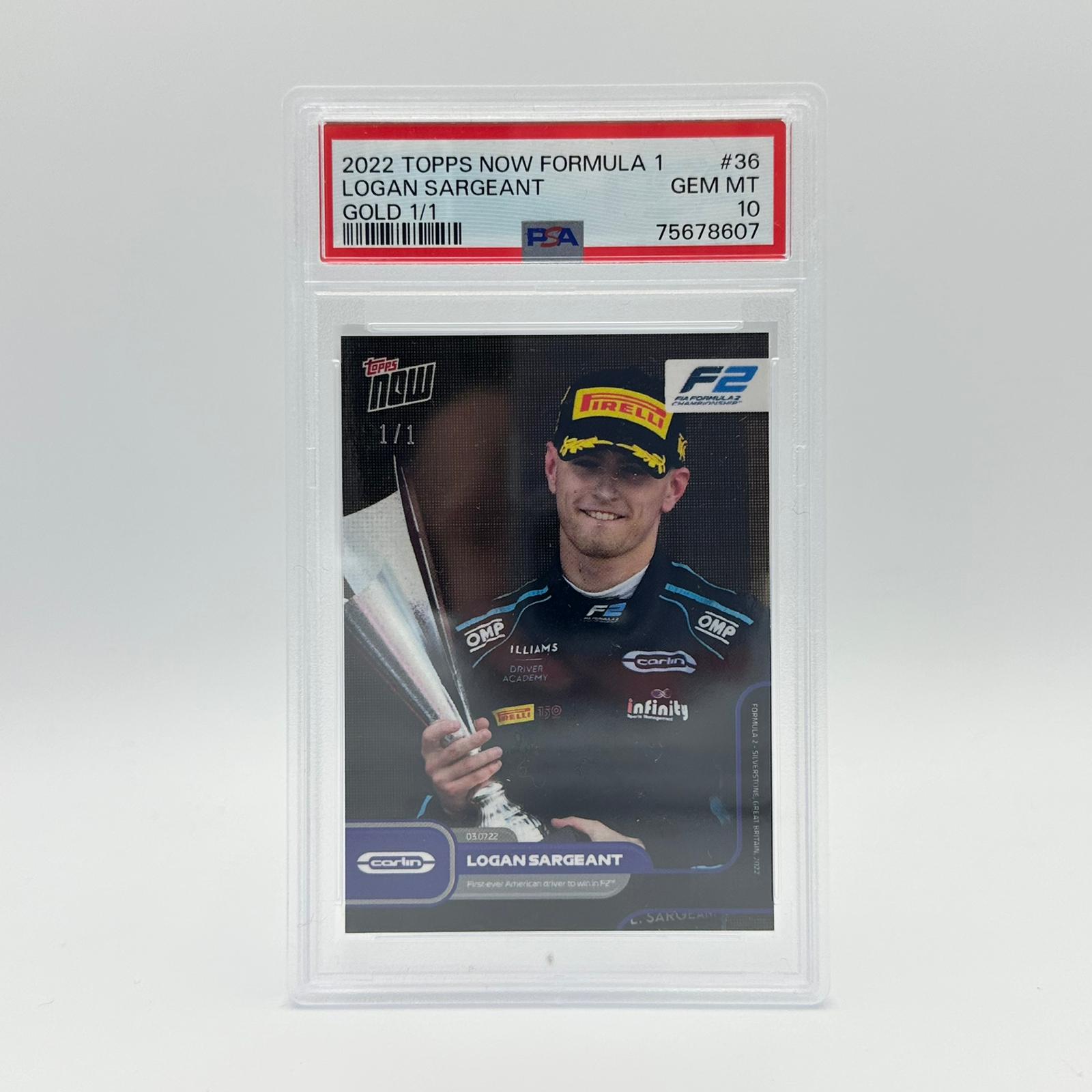 PSA 10 Logan Sargeant 1/1 First American F2 Champion #036 Gold Parallel - Rare Racing Collectible for F1 Fans & Sports Memorabilia Enthusiasts