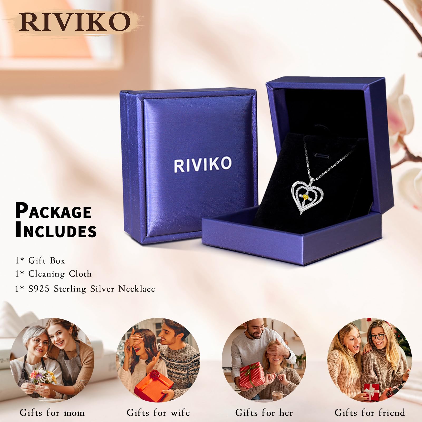 RIVIKO 925 Sterling Silver Cross Birthstone Necklace for Women - Elegant Heart Pendant Necklace, Trendy Anniversary Jewelry & Birthday Gift for Wife, Mother, Friend | Perfect for Christmas, Valentine's Day & Special Occasions