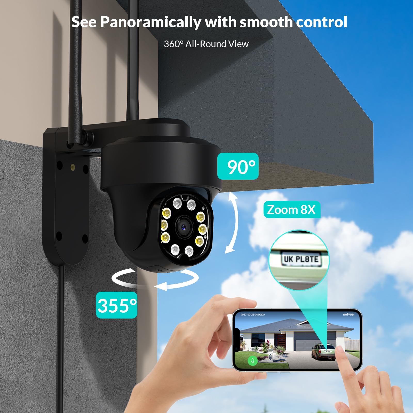 NETVUE WiFi Surveillance Camera with FHD Color Night Vision, 360° PTZ Outdoor Security Camera, Human Detection & Wireless Connectivity - Ideal for Home Security, Baby Monitoring & Pet Watching (Black)
