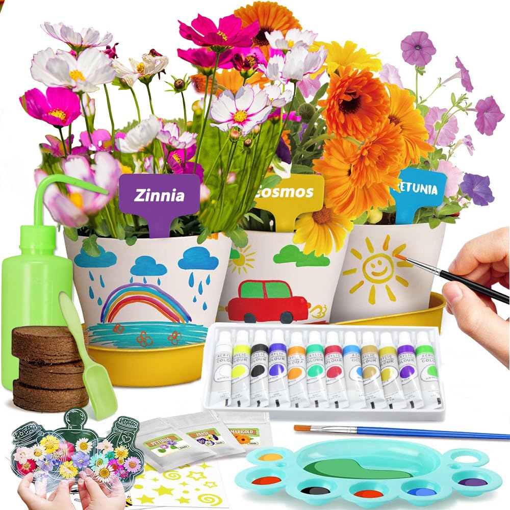 Paint and Plant Flower Growing Kit for Kids - Gardening Set with 3 Pots, Soil & Seeds - Creative Easter Gift for Boys & Girls Ages 5-12 - Fun Indoor Activity for Spring & Summer