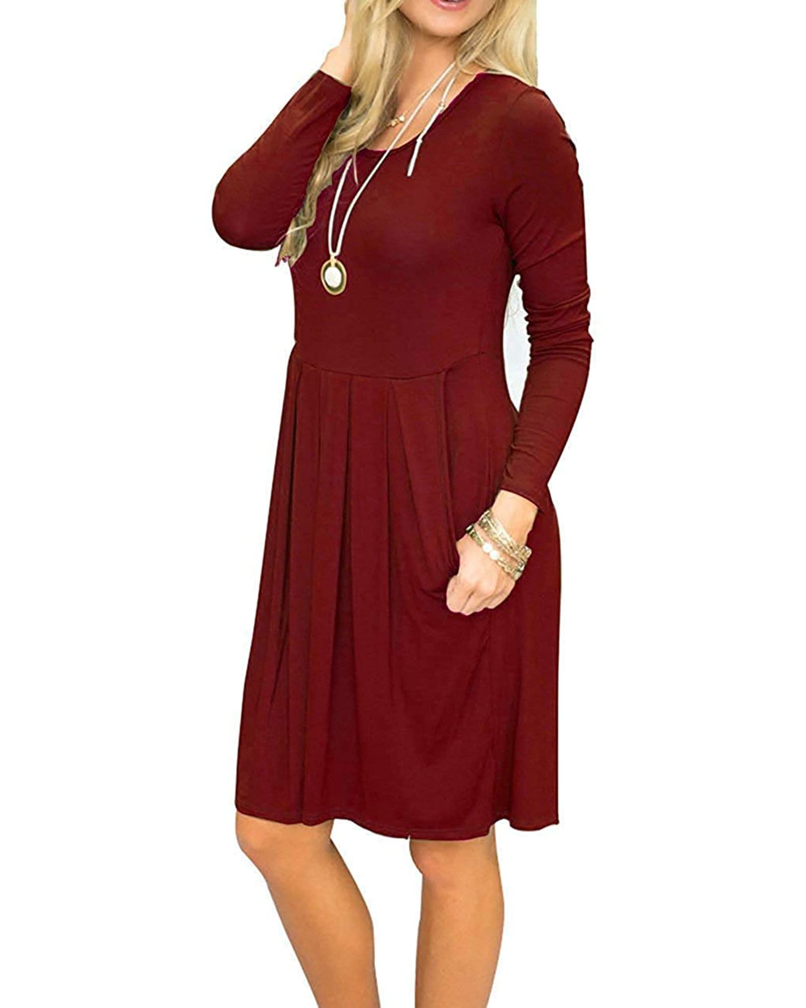 AUSELILY Women's Long Sleeve Pleated Swing Dress with Pockets - Knee Length Casual Loose Fit Dress for Work, Date & Travel 2025 New Collection