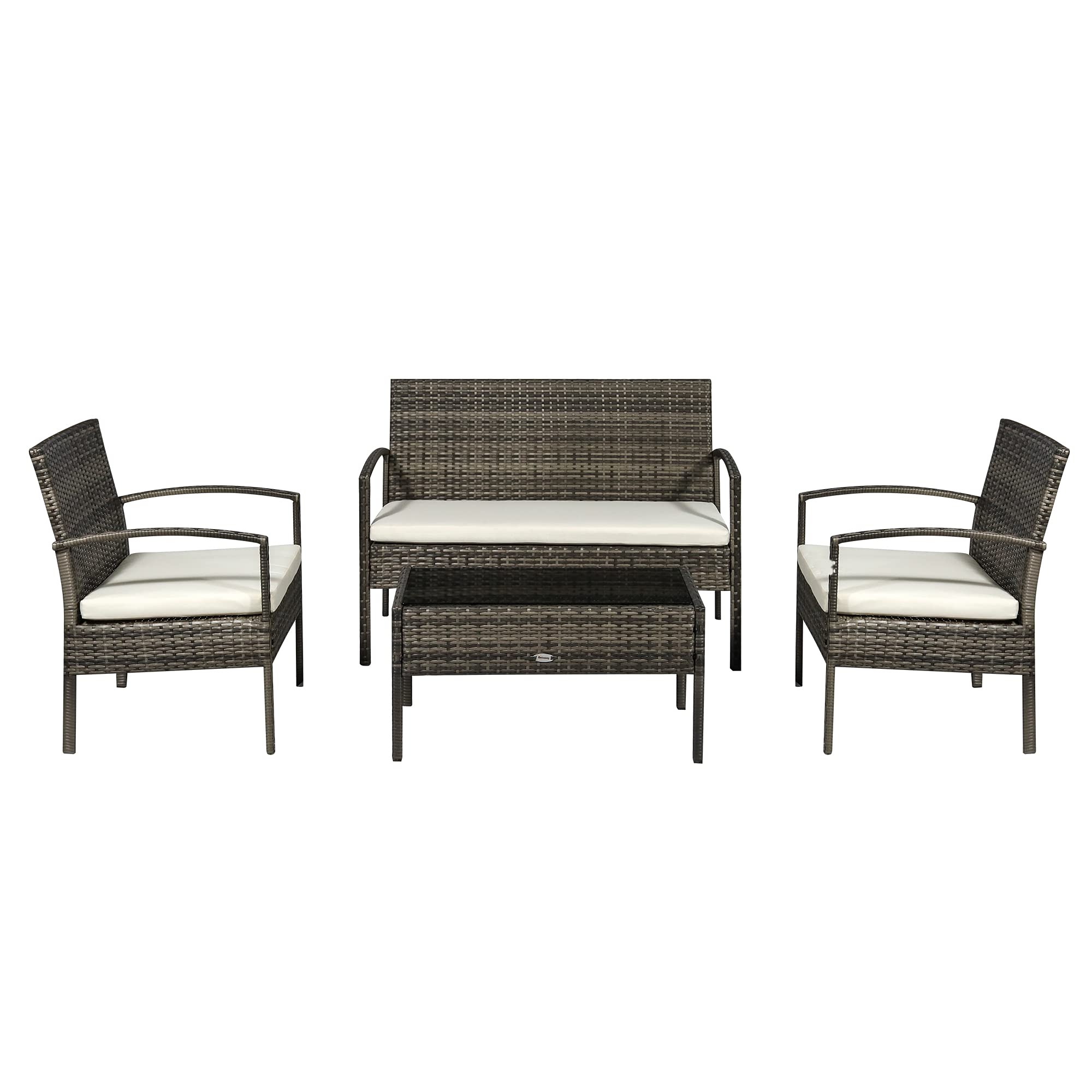 Outsunny 4-Piece PE Wicker Patio Furniture Set - Indoor/Outdoor Conversation Set with Chairs, Loveseat Sofa, Cushions & Glass Table - Light Gray - Perfect for Backyard, Sunroom, Poolside & Garden Relaxation