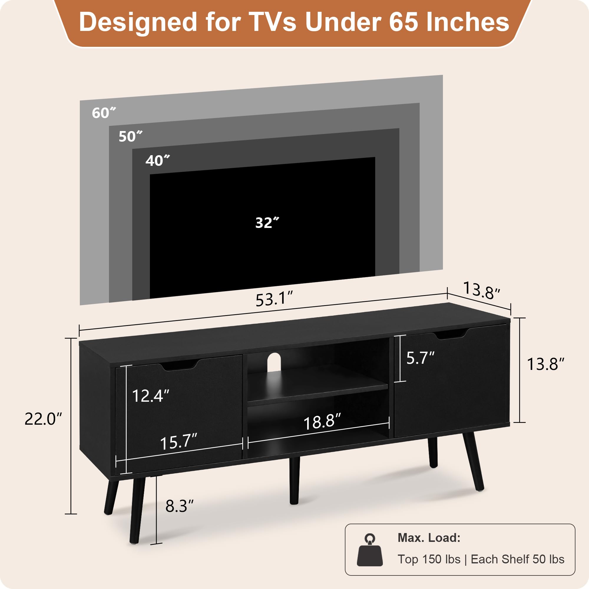 ALINE FURNITURE Black TV Stand - Wooden TV Console Cabinet for 50 55 60 Inch Flat Screen TVs - Modern Media Entertainment Center with Storage Shelves - Perfect for Living Room, Bedroom & Home Theater Setup