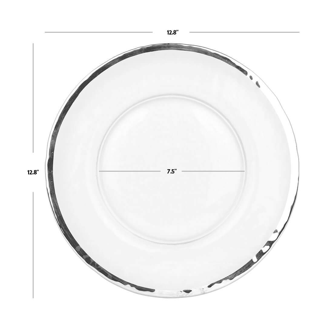 Koyal Wholesale Bulk Clear Glass Silver Rim Charger Plates - Set of 4 Elegant Silver Hammered Glass Chargers - Perfect for Weddings, Parties & Formal Dining Decor