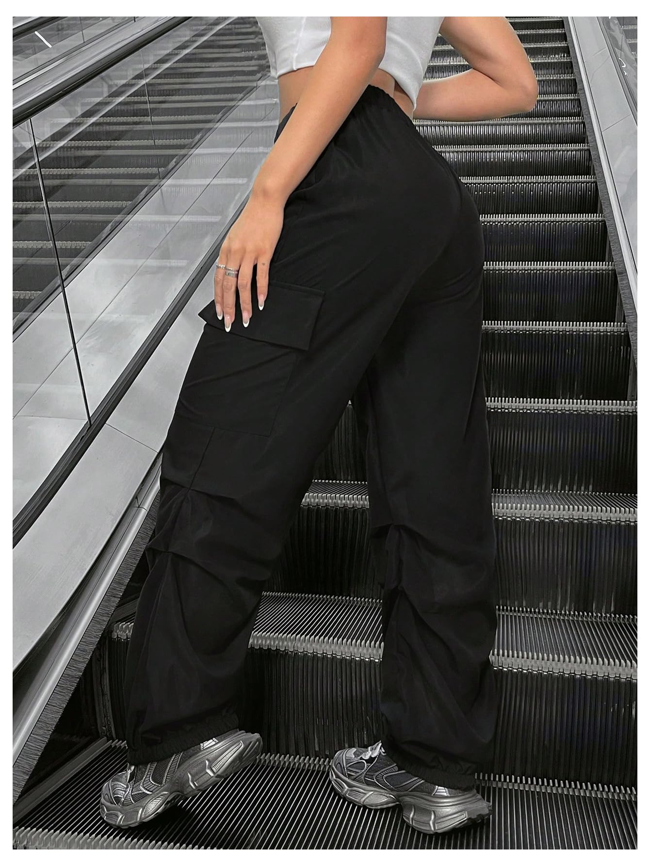 MakeMeChic Women's Casual Baggy Cargo Pants - Drawstring Waist, Wide Leg Design with Flap Pockets | Perfect for Streetwear, Workout & Travel Outfits
